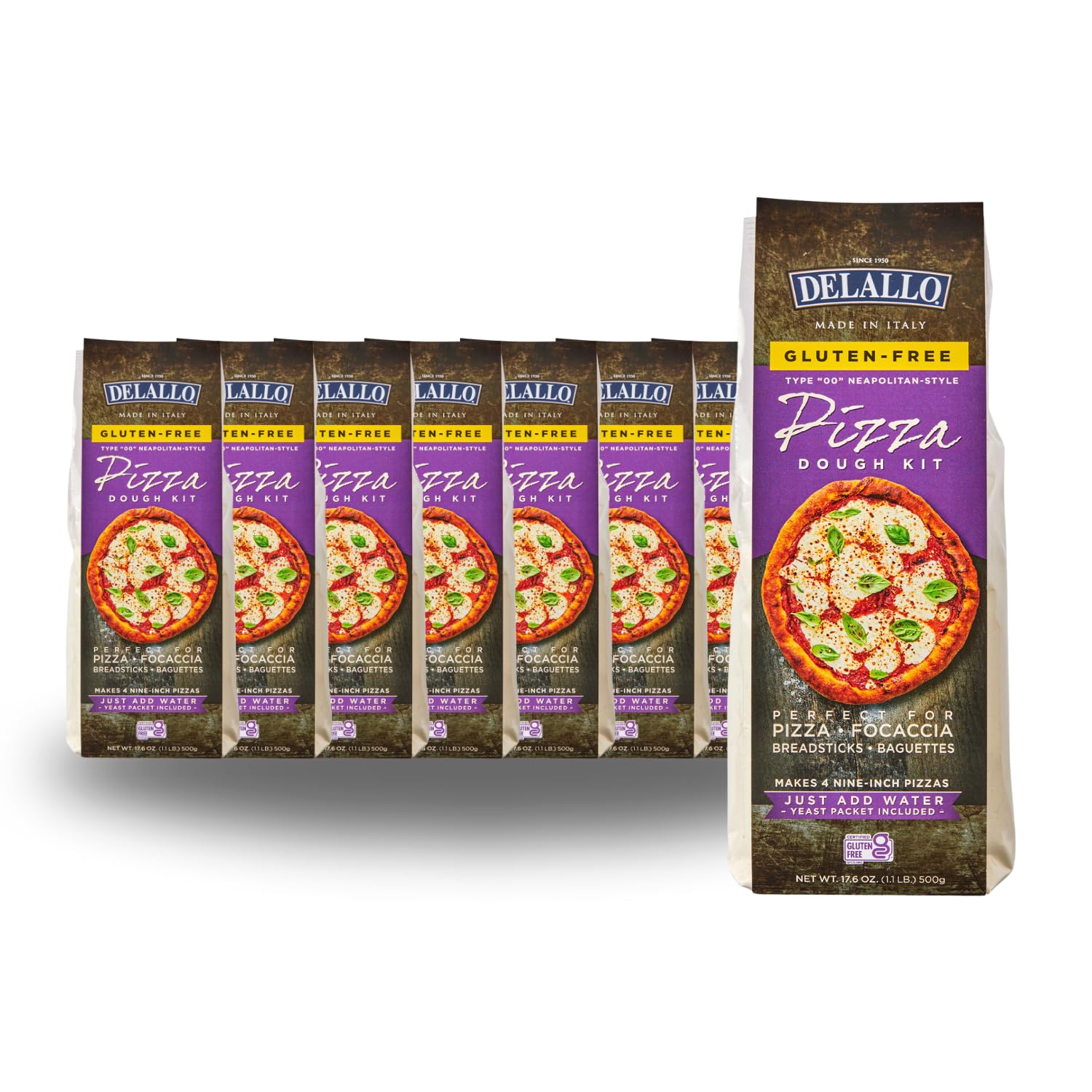 DeLallo Gluten Free All Purpose Pizza Dough Mix Kit - 17 Oz (10 Pack) for Baking Crust, Bread & Calzones | Vegan, Dairy Free, All Natural | Perfect for Homemade Pizza Nights & Italian Cooking