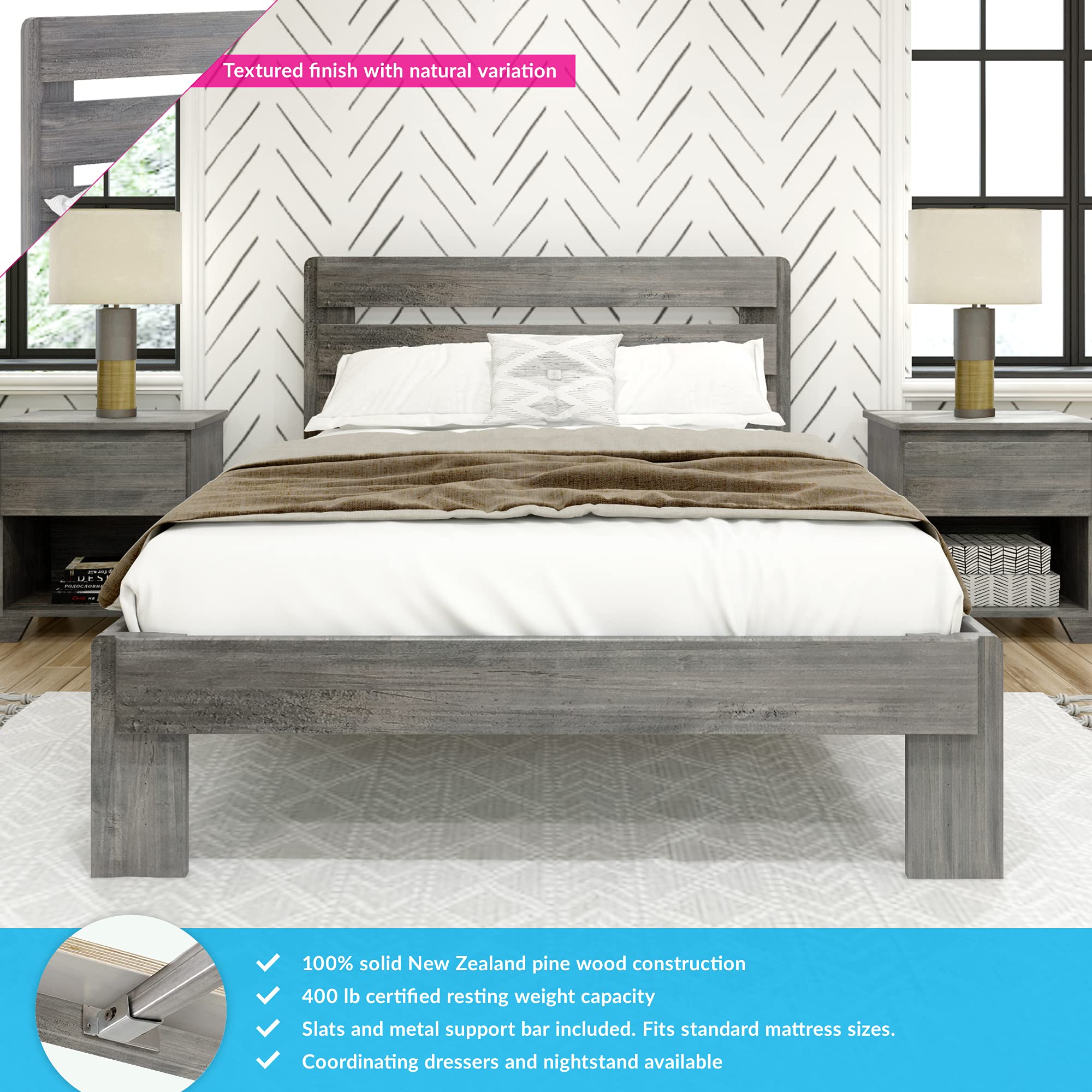 Max & Lily Modern Farmhouse Full Size Platform Bed with Plank Headboard in Driftwood Finish - Perfect for Bedroom, Guest Room & Farmhouse Style Home Decor