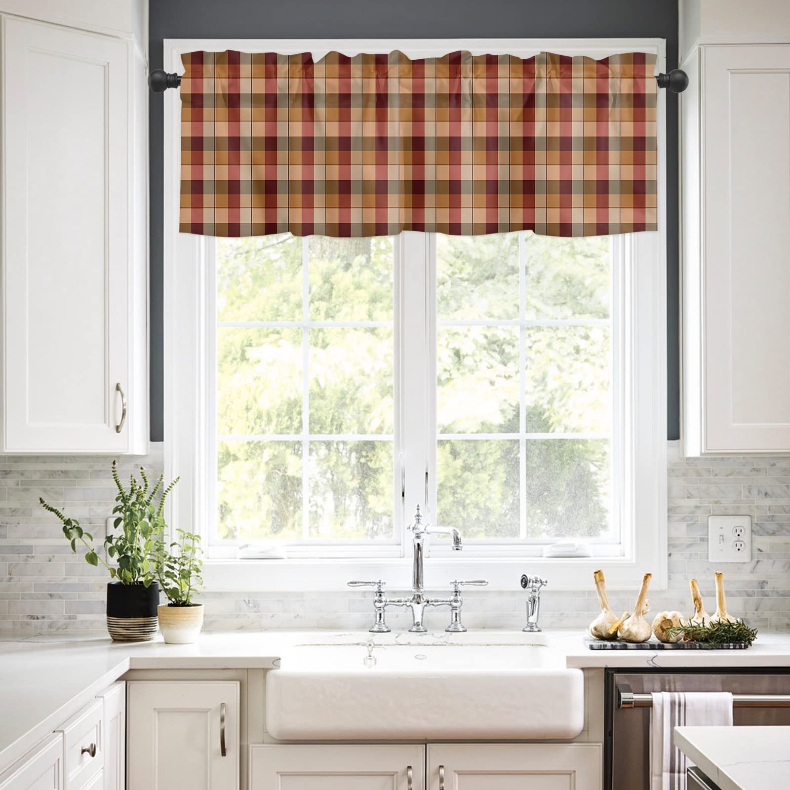 Red Brown Tartan Window Valance - Rustic Farmhouse Beige Plaid Rod Pocket Curtain Panel for Kitchen, Living Room & Bedroom | Short Tier Cafe Curtains for Cozy Farmhouse Decor & Small Window Treatments