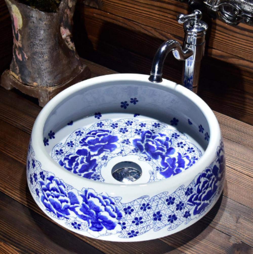 Blue and White Porcelain Bathroom Vessel Sink - Ceramic Countertop Basin with Hibiscus Art Design, Sink Only - Perfect for Modern Bathrooms, Powder Rooms, and Vanity Makeovers