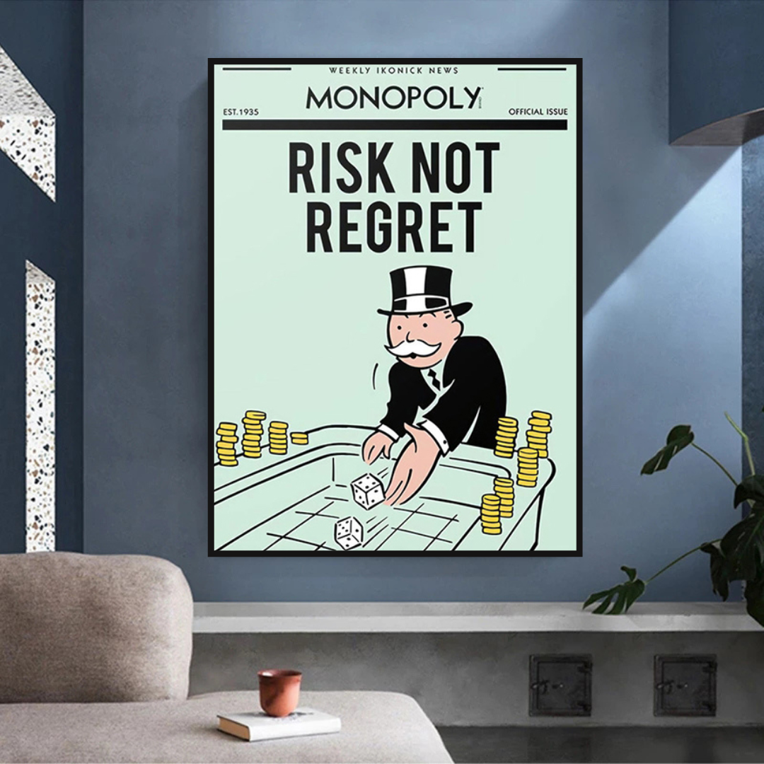 Alec Monopoly Risk Not Regret Playing Cards Canvas Wall Art - Pop Culture Home Decor for Living Room, Game Room & Office