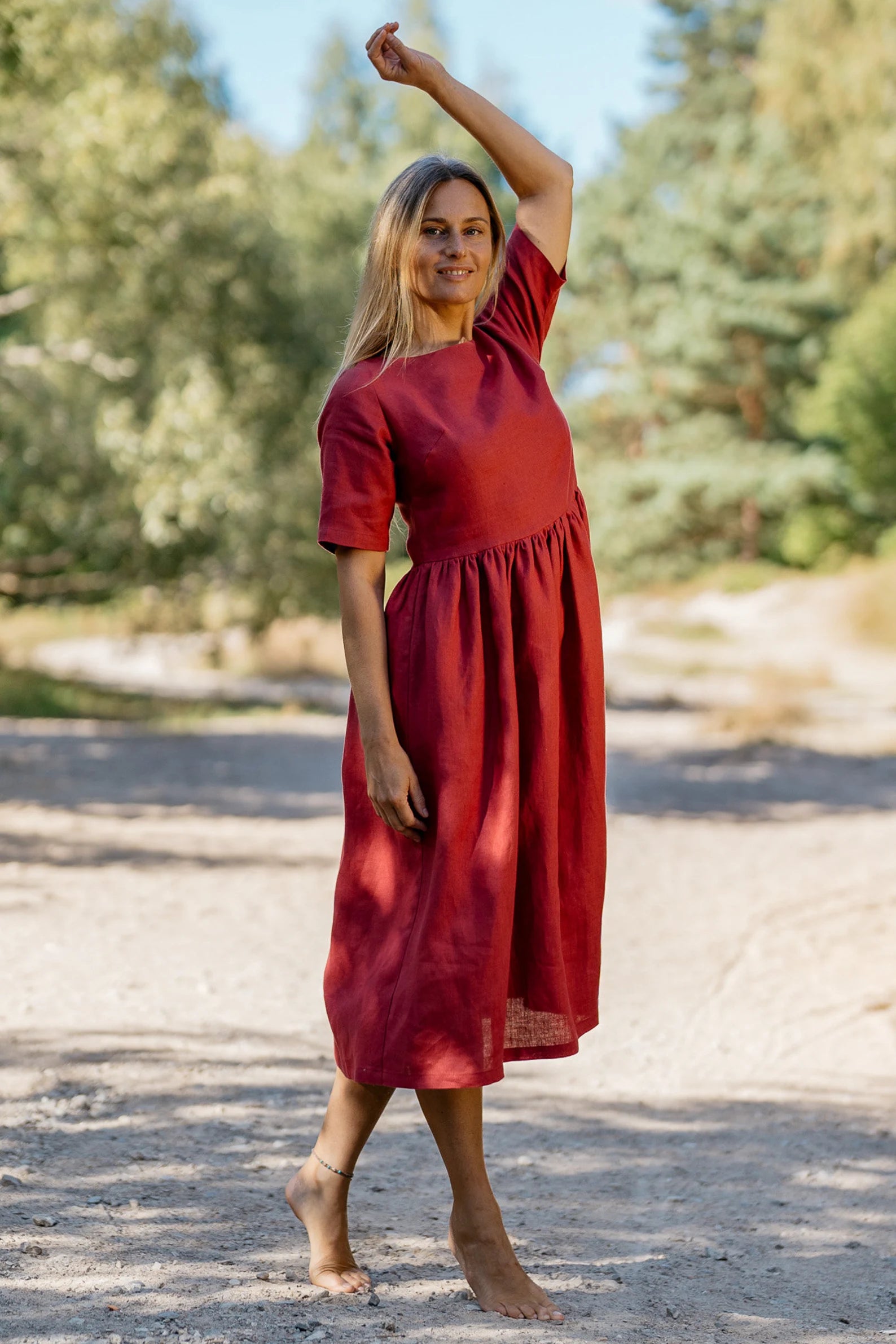 Blue Sky Linen Loose Dress in Raspberry - Comfortable Summer Maxi Dress for Beach, Vacation and Casual Wear