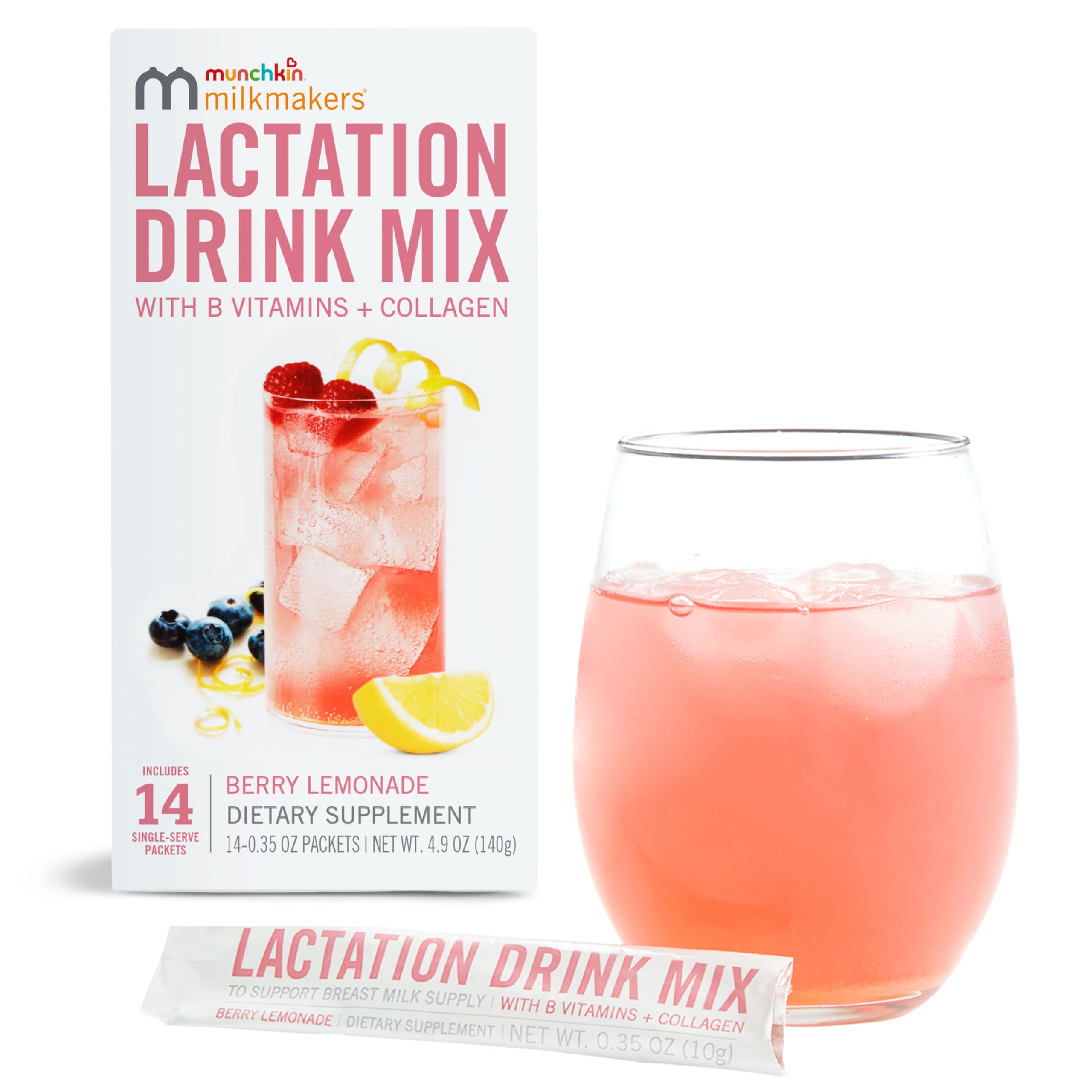 Munchkin® Milkmakers® Lactation Drink Mix Supplement - B Vitamins, Collagen, Fenugreek & Milk Thistle for Breastfeeding Moms - Berry Lemonade Flavor, 14 Count - Supports Milk Production & Postpartum Recovery for Nursing Mothers