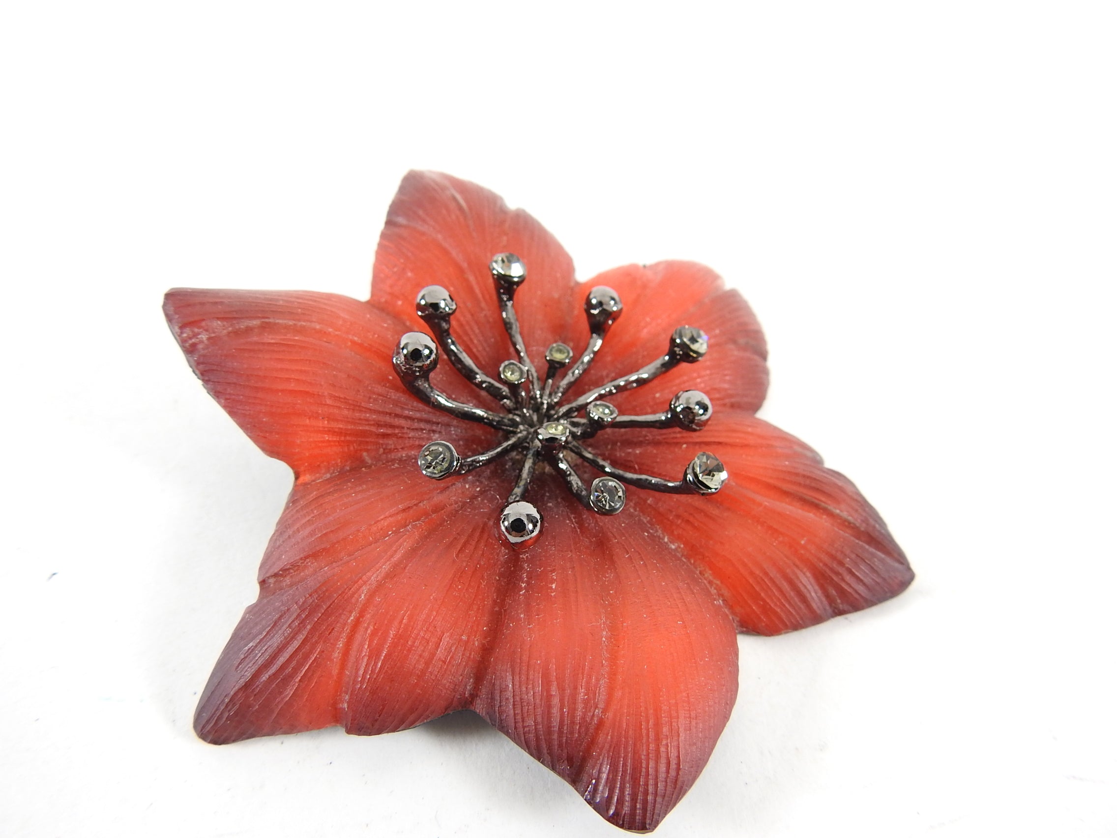 Alexis Bittar Red Floral Brooch with Rhinestones - Elegant Resin Flower Pin for Women - Perfect for Weddings, Parties & Special Occasions