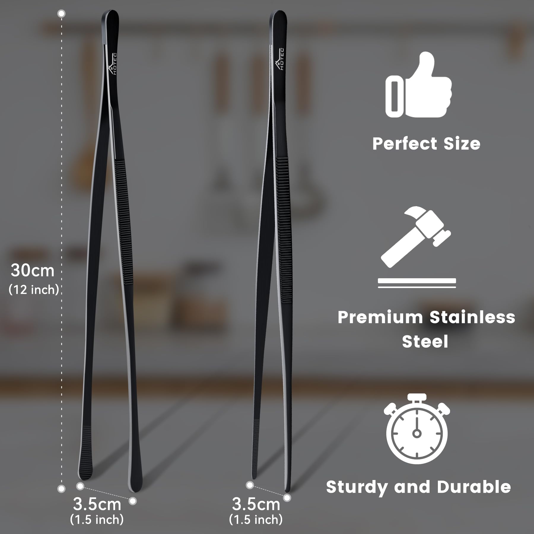 Hotec 12-Inch Extra-Long Stainless Steel Kitchen Tweezers - Set of 2 Black Cooking Tongs for Precision Grilling, Plating, and Serving - Perfect for Chefs, BBQ, and Fine Dining Presentation