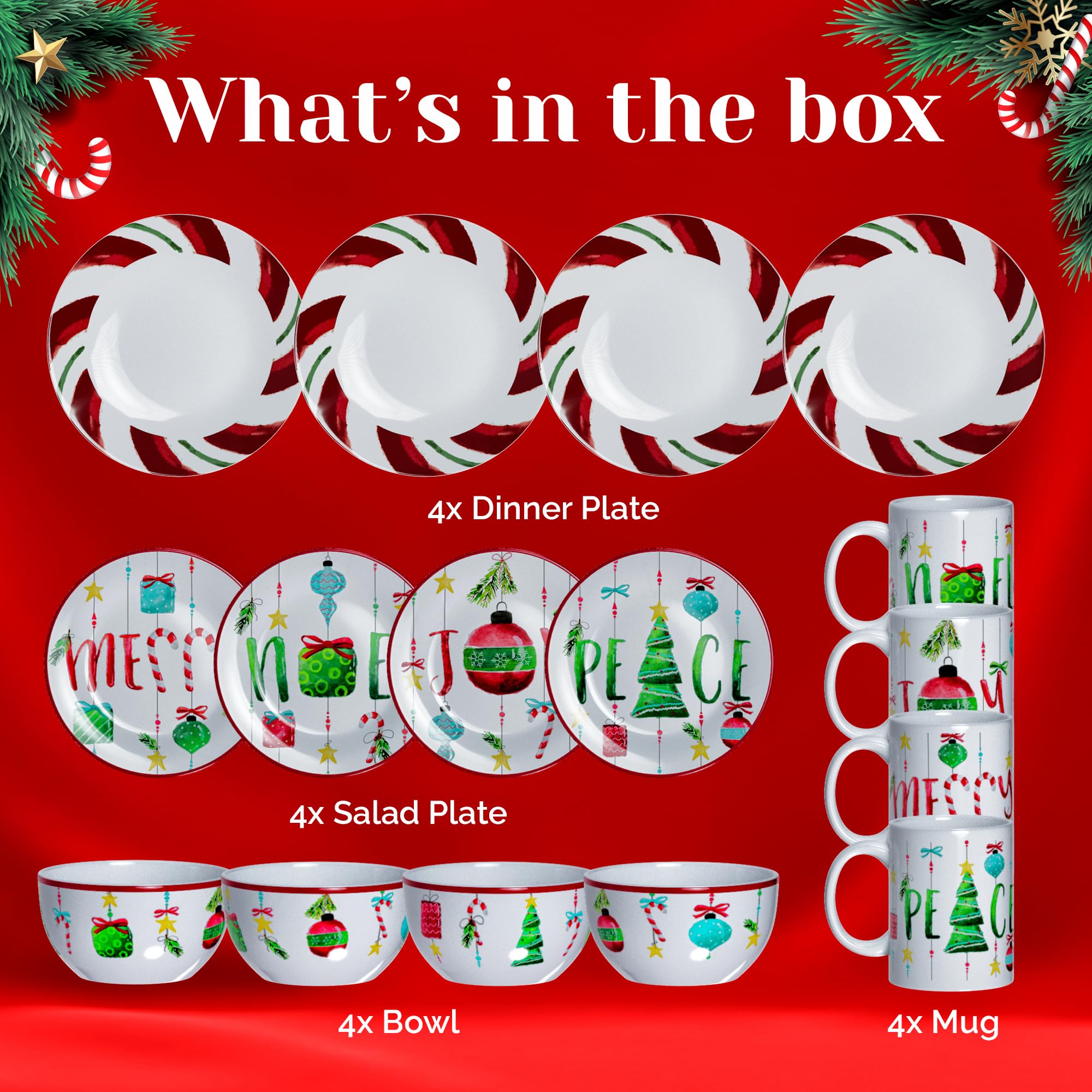 American Atelier 16-Piece Christmas-Themed Stoneware Dinnerware Set in Festive Green & Red | Holiday Table Setting, Christmas Dinner Party, Festive Home Decor