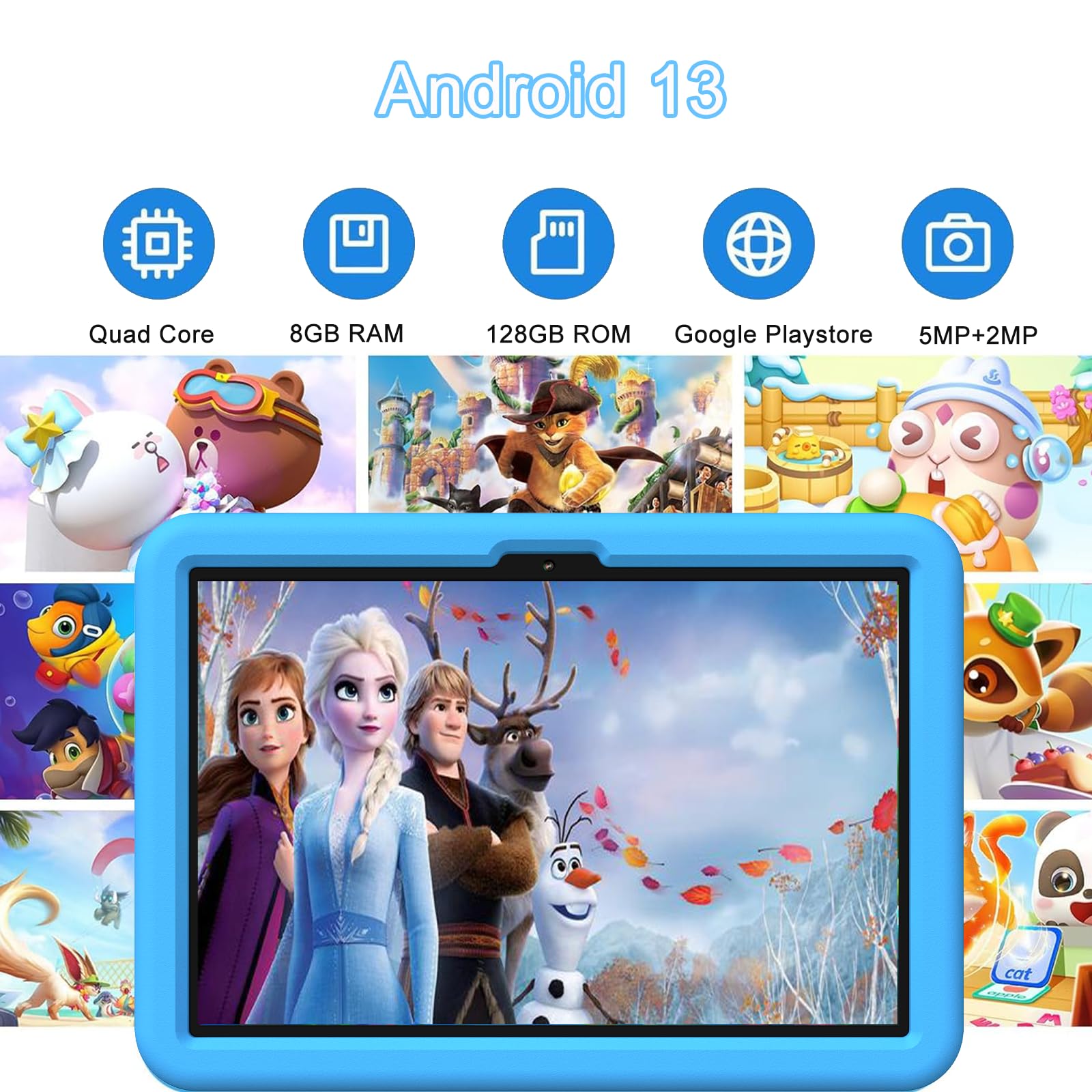 YUMBOT 10 Inch Kids Tablet with WiFi - Android Learning Tablet for Children, Parental Control, 32GB Storage, HD Display - Perfect for Homeschooling, Travel & Educational Games (Blue)