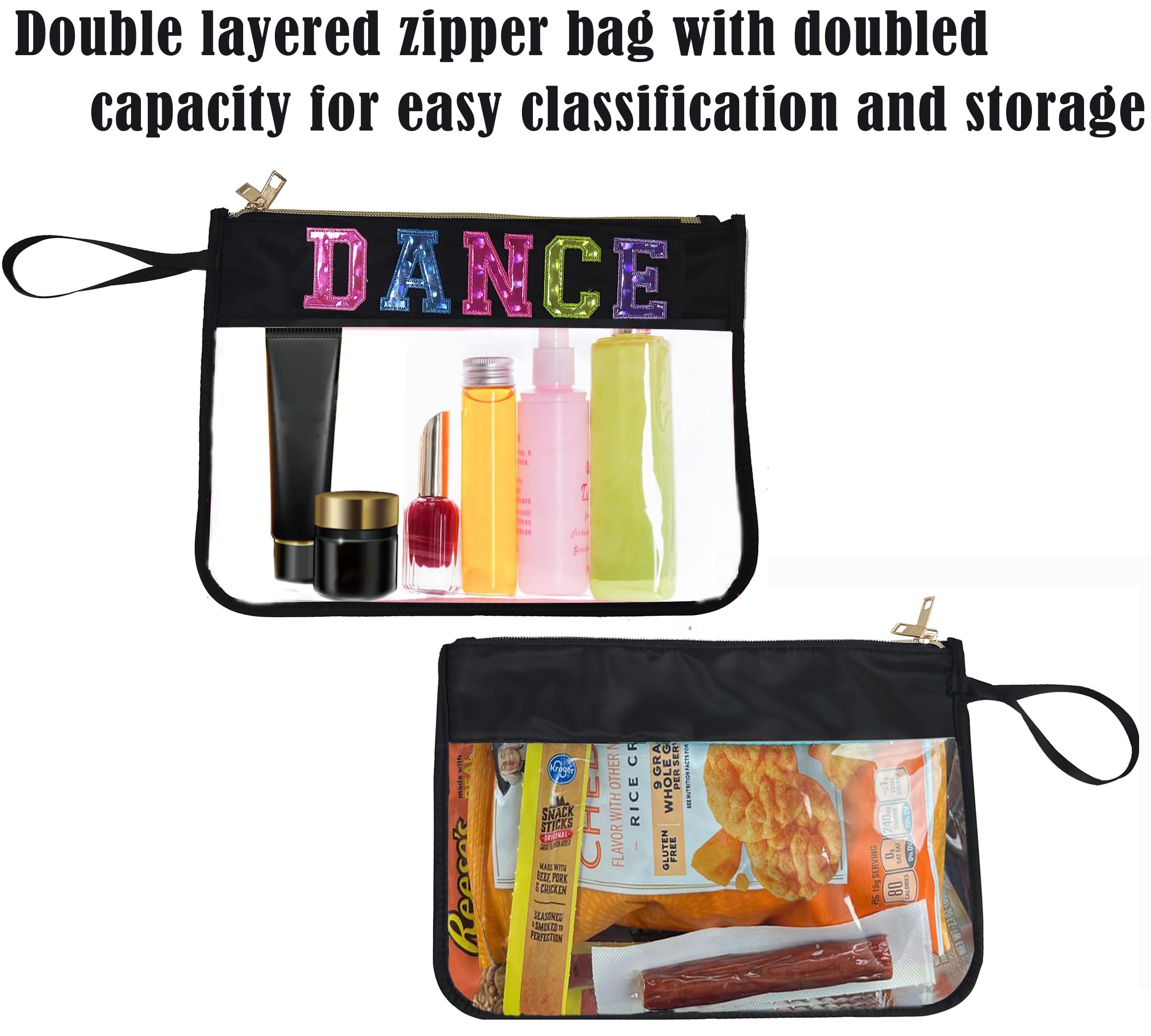 Waterproof Clear Makeup Bag with Double Zipper - Letter Patch Cosmetic Organizer for Travel, Toiletry Pouch - Perfect Gift for Teachers, Nurses, Dancers (Black Dance Design) - Ideal for Gym, Work, Vacation & Daily Essentials Storage
