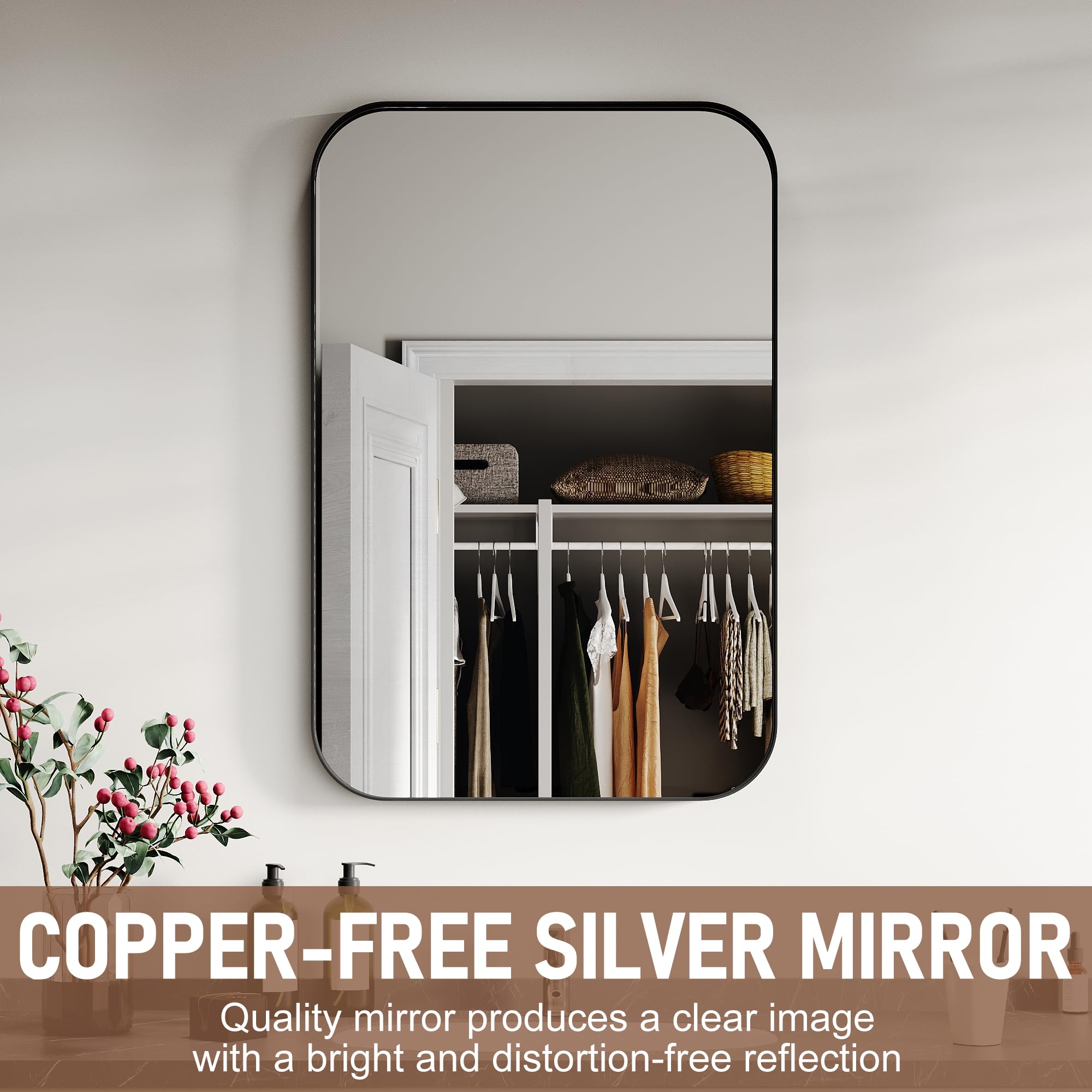 24 x 36 Inch Black Aluminum Alloy Framed Bathroom Mirror - Tempered Glass Rounded Rectangle Wall Mirror for Bathroom, Bedroom & Hallway - Vertical or Horizontal Hanging - Shatterproof & Durable Design