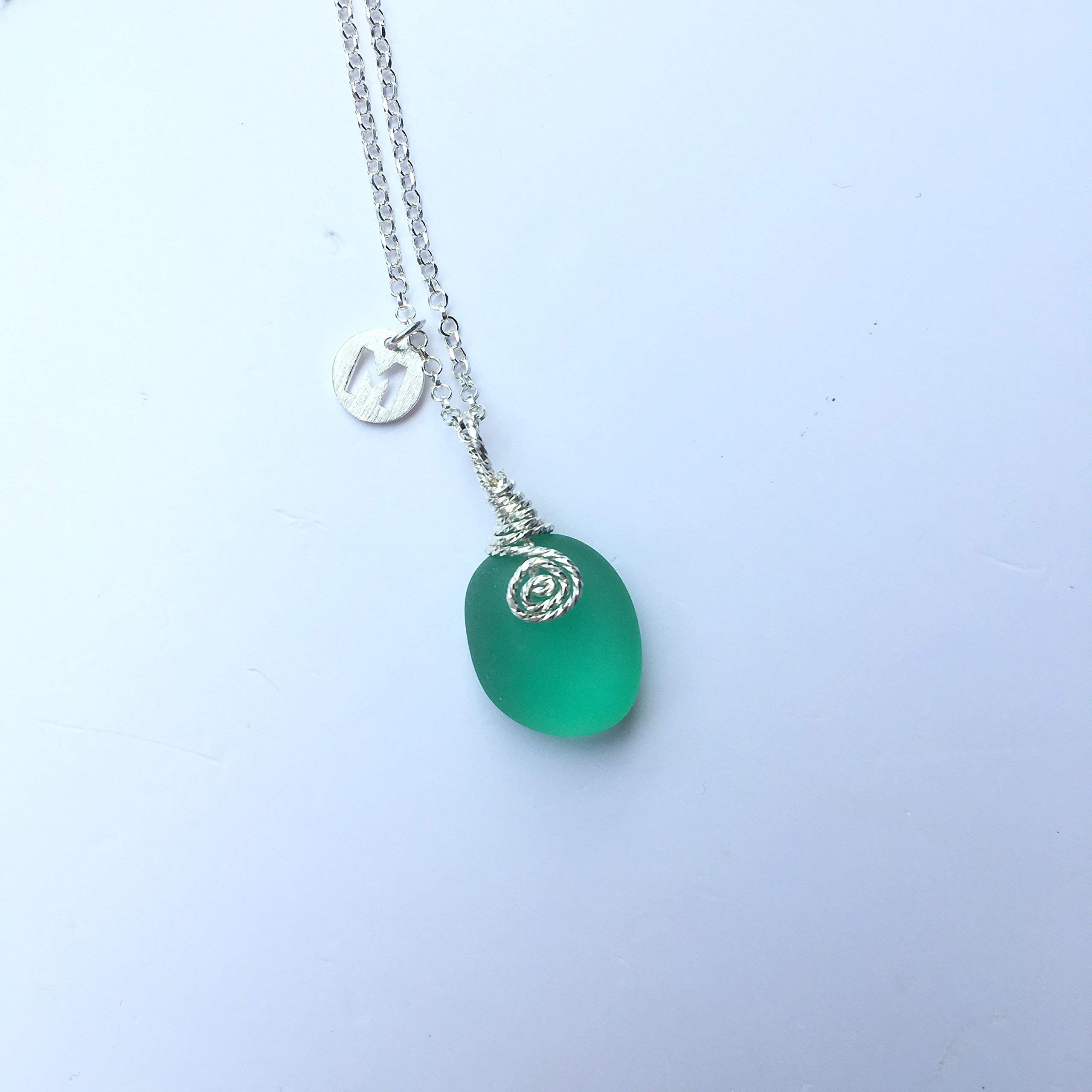 Sterling Silver Teal Sea Glass Necklace with Personalized Initial Letter Pendant - Adjustable Beach Glass Jewelry for Women - Perfect Personalized Gift for Birthday, Anniversary & Beach Vacation