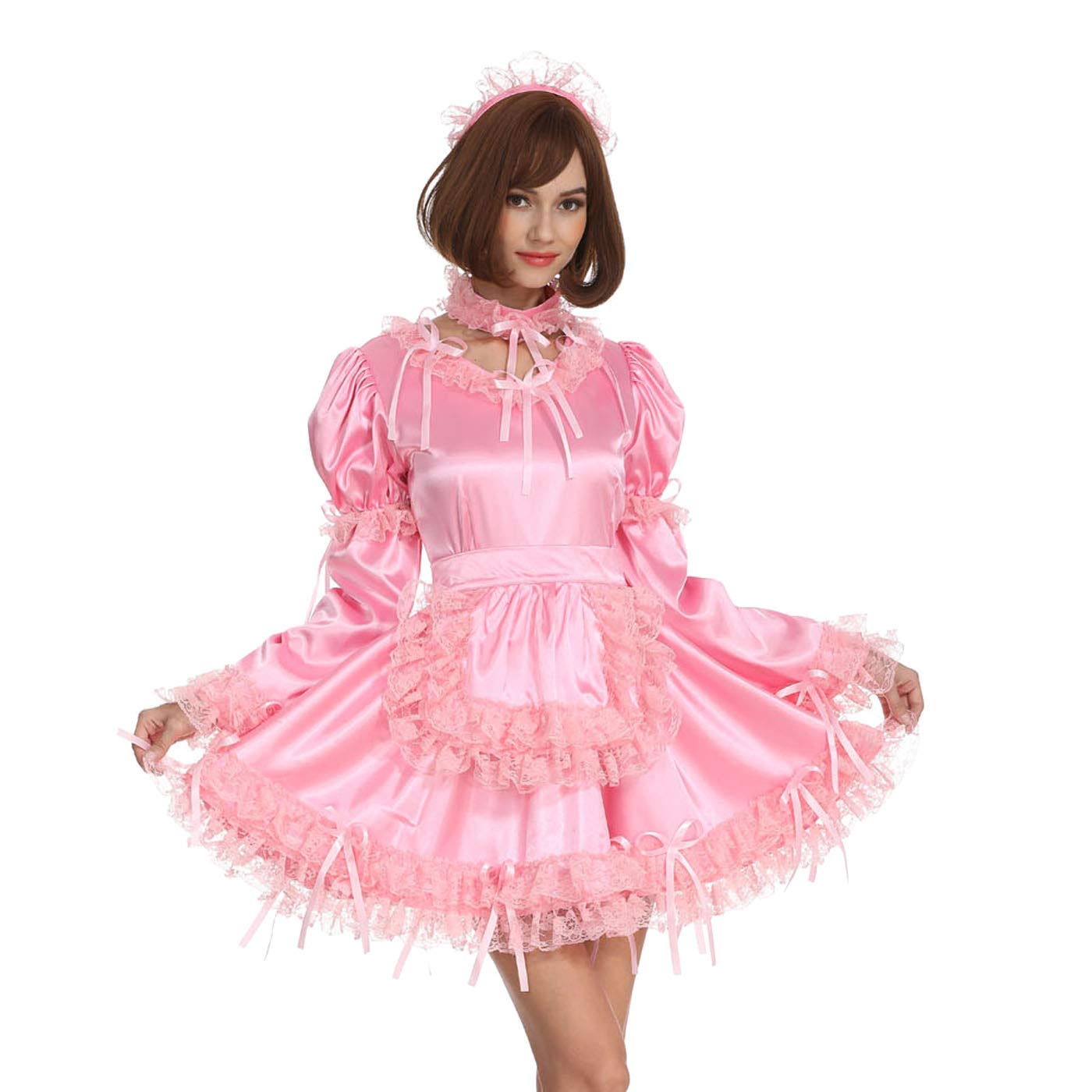 Elegant Pink Satin Crossdress Dress for Women - French Round Neck with Cute Bow & Big Sleeves - Perfect for Cosplay, Parties & Special Occasions