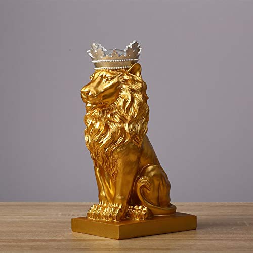 ZAMTAC Black Lion Resin Statue with Gold Crown - Handcrafted Home Decor Sculpture, Animal Figurine for Living Room, Office, and Gift Giving