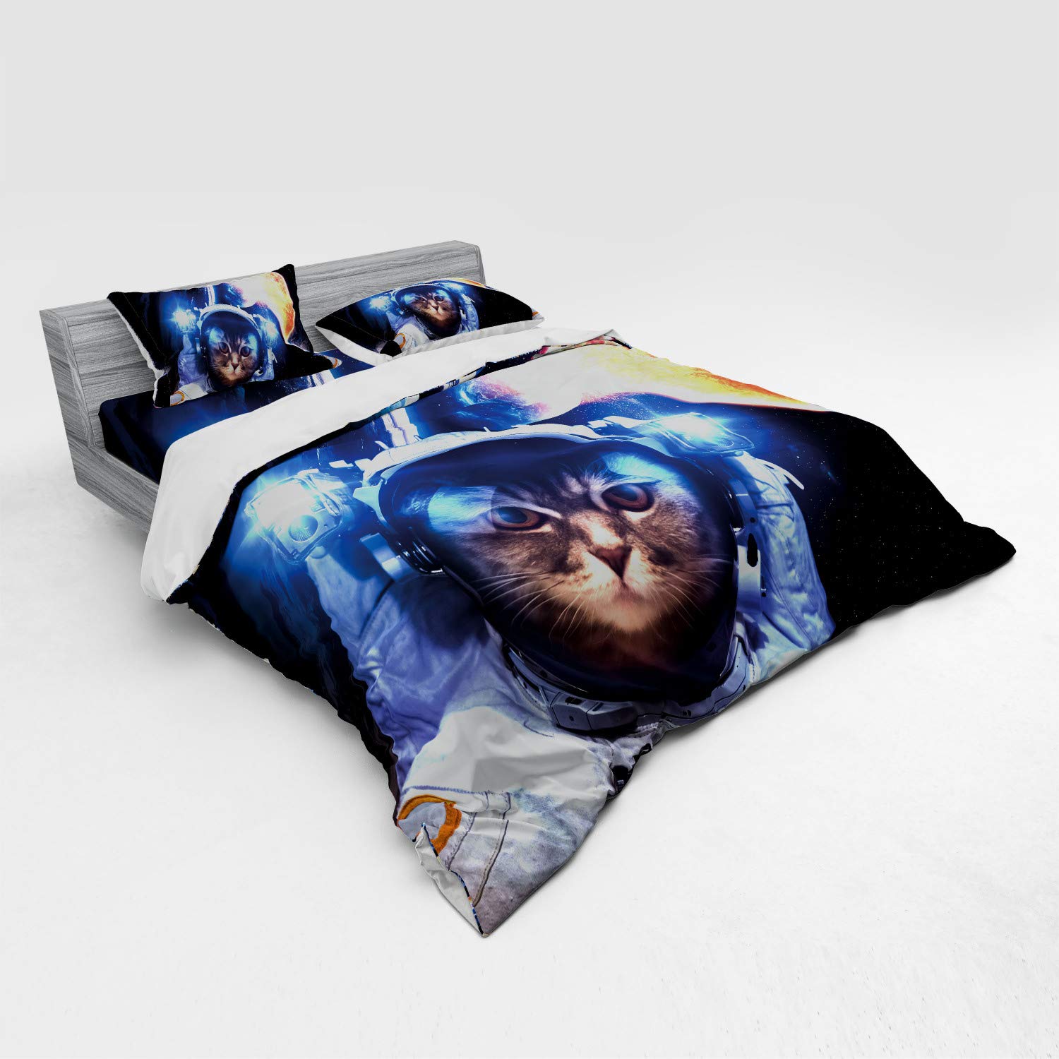 Ambesonne Space Cat Duvet Cover Set - King Size 4-Piece Bedding with Shams & Fitted Sheet, Kitten in Suit with Planets Nebula Supernova Eclipse Space Art, Dark Blue Orange - Perfect for Galaxy Themed Bedrooms, Kids Rooms & Sci-Fi Decor