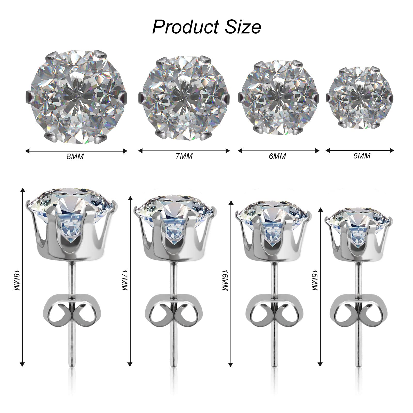 FuninCrea 4 Pairs Diamond Stud Earrings - 925 Sterling Silver Small Cartilage Earrings Set for Women & Men | Round Zirconia Unisex Jewelry | Perfect for Casual Wear, Parties & Gifts