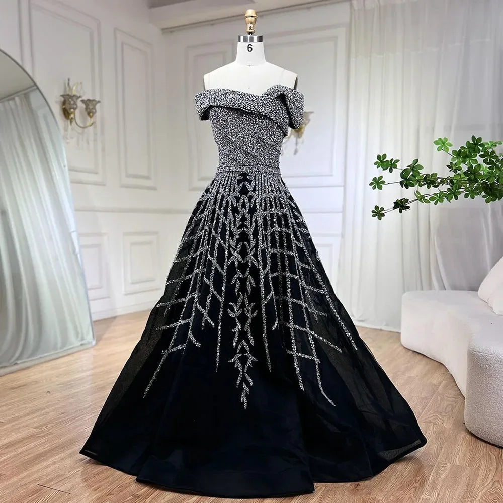 Serene Hill Elegant Black Beaded A-Line Evening Gown 2025 | Off-Shoulder Luxury Long Party Dress for Women | Perfect for Galas, Weddings & Formal Events - LA72224