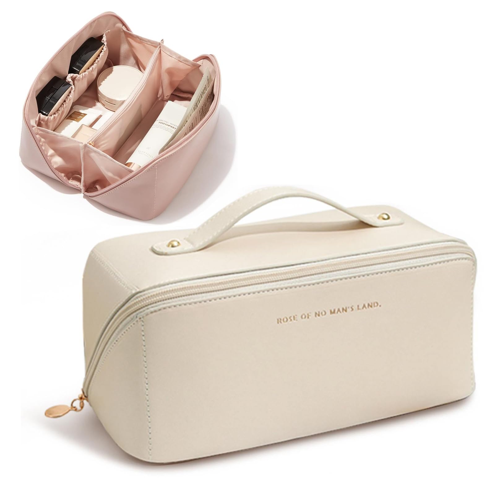 Portable Makeup Bag - Large Capacity Travel Cosmetic Organizer, Waterproof PU Leather Double Layer Cosmetic Case for Women | Perfect for Skincare Kits, Cosmetics & Toiletries | Ideal for Travel, Gym & Daily Use (White)