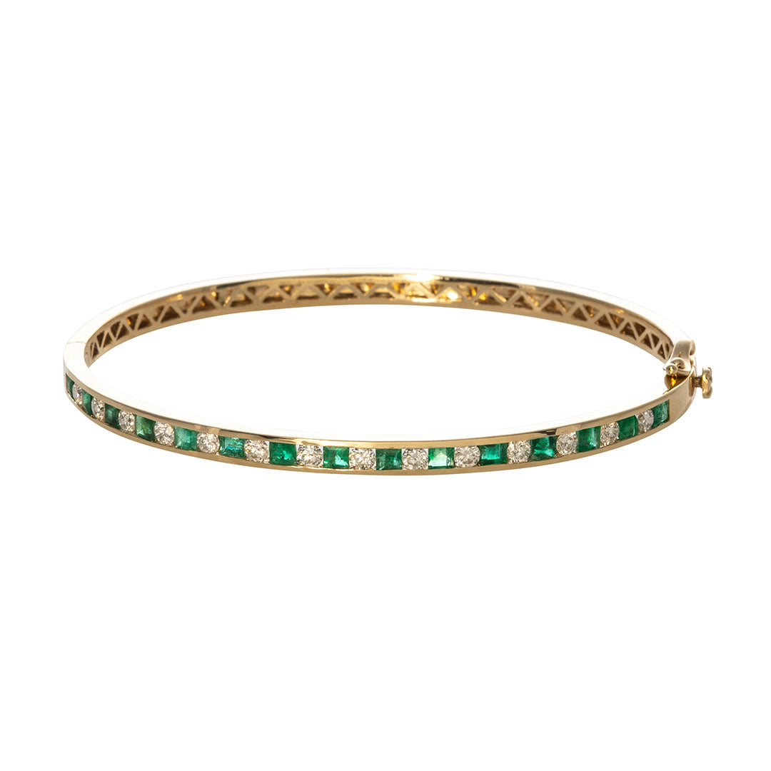 1.3ct Emerald & 0.82ct Diamond Channel Set 14K Yellow Gold Bangle Bracelet - Elegant Jewelry for Weddings, Anniversaries & Special Occasions