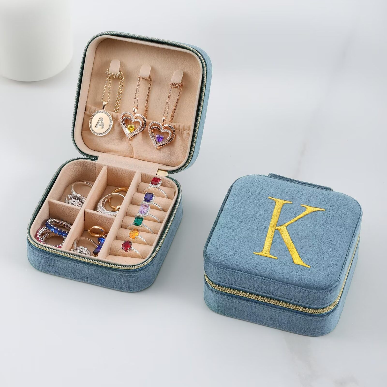 Parima Velvet Travel Jewelry Box for Women - Small Plush Jewelry Organizer with Monogram Initial, Personalized Gift for Her | Perfect for Vacation, Business Trips & Bridal Accessories Storage