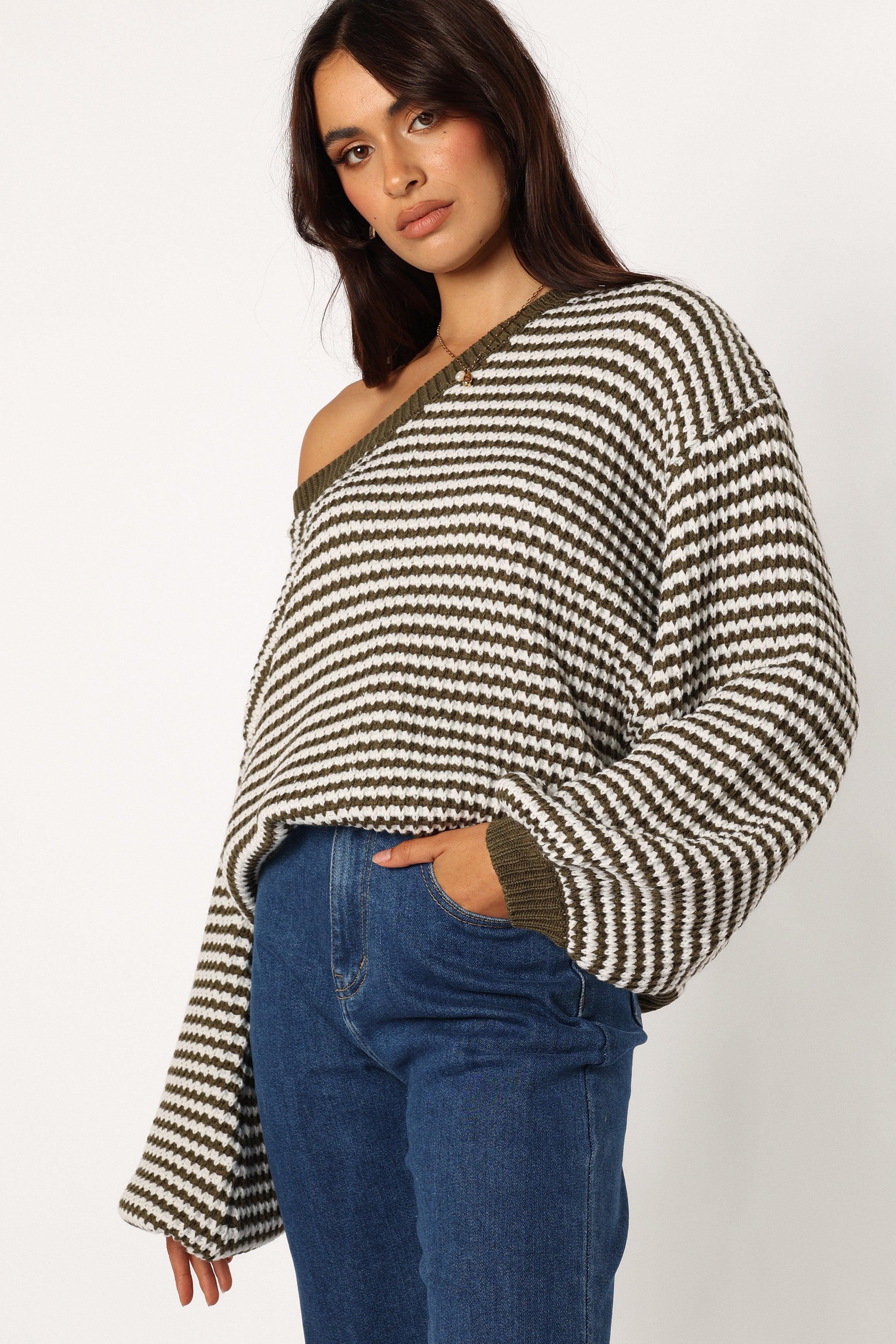 Becca Crewneck Waffle Stitch Stripe Knit Sweater for Women - Olive Green Casual Pullover | Cozy Fall & Winter Fashion, Perfect for Office, Dating & Weekend Outfits