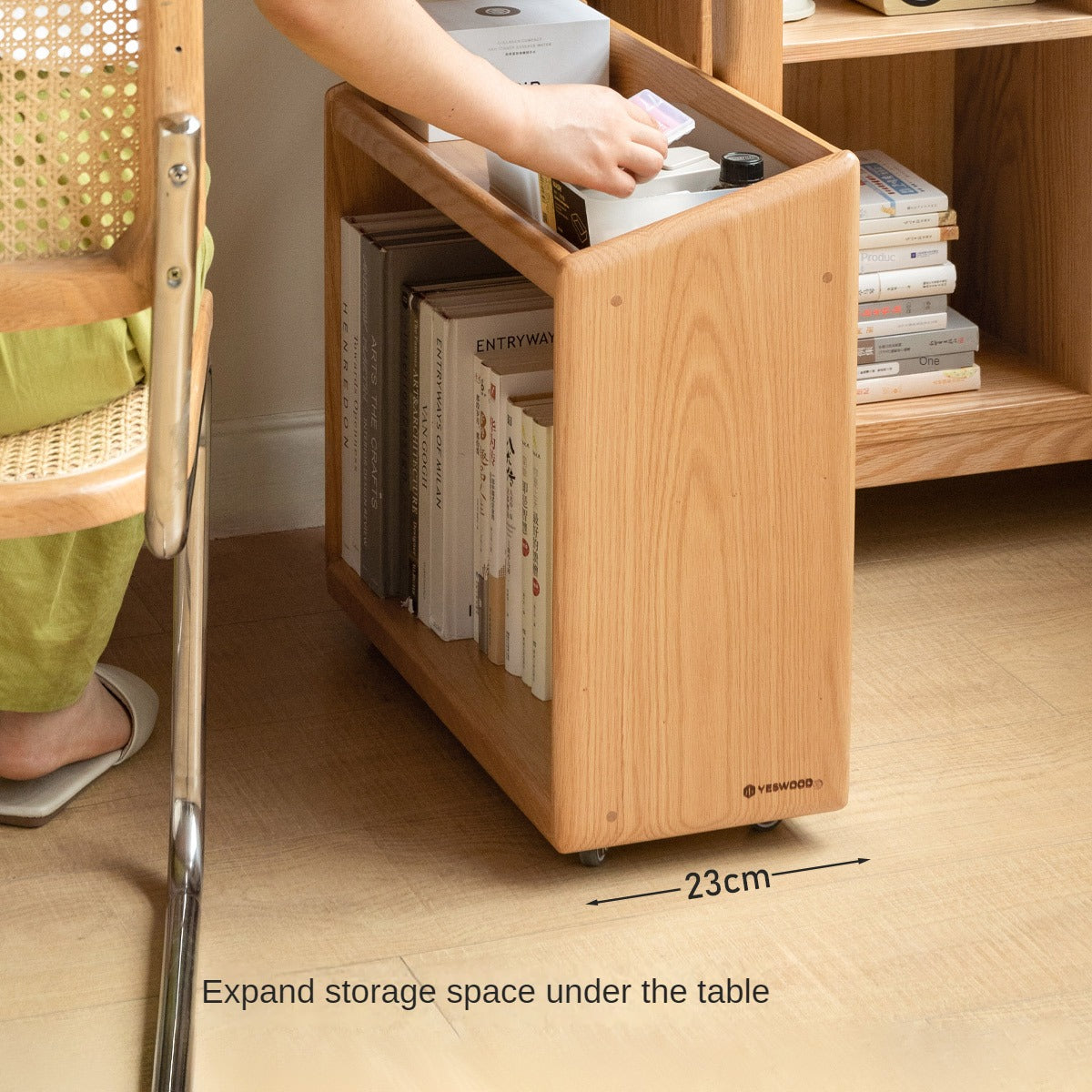 Solid Oak Wood Under Table Bookshelf - Movable Storage Shelf for Books, Toys & Decor - Perfect for Living Room, Bedroom & Office Organization