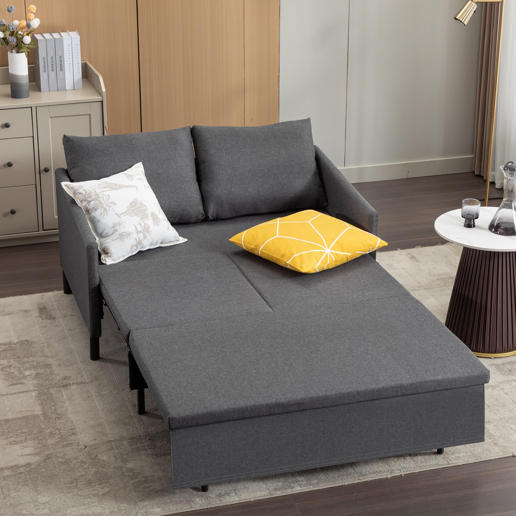 XSPRACER 3-in-1 Convertible Sleeper Sofa Bed with Pullout Bed & Storage - Dark Gray Linen Loveseat for Living Room, RV, Bedroom & Balcony | Space-Saving Multi-Functional Furniture for Small Apartments & Guest Rooms