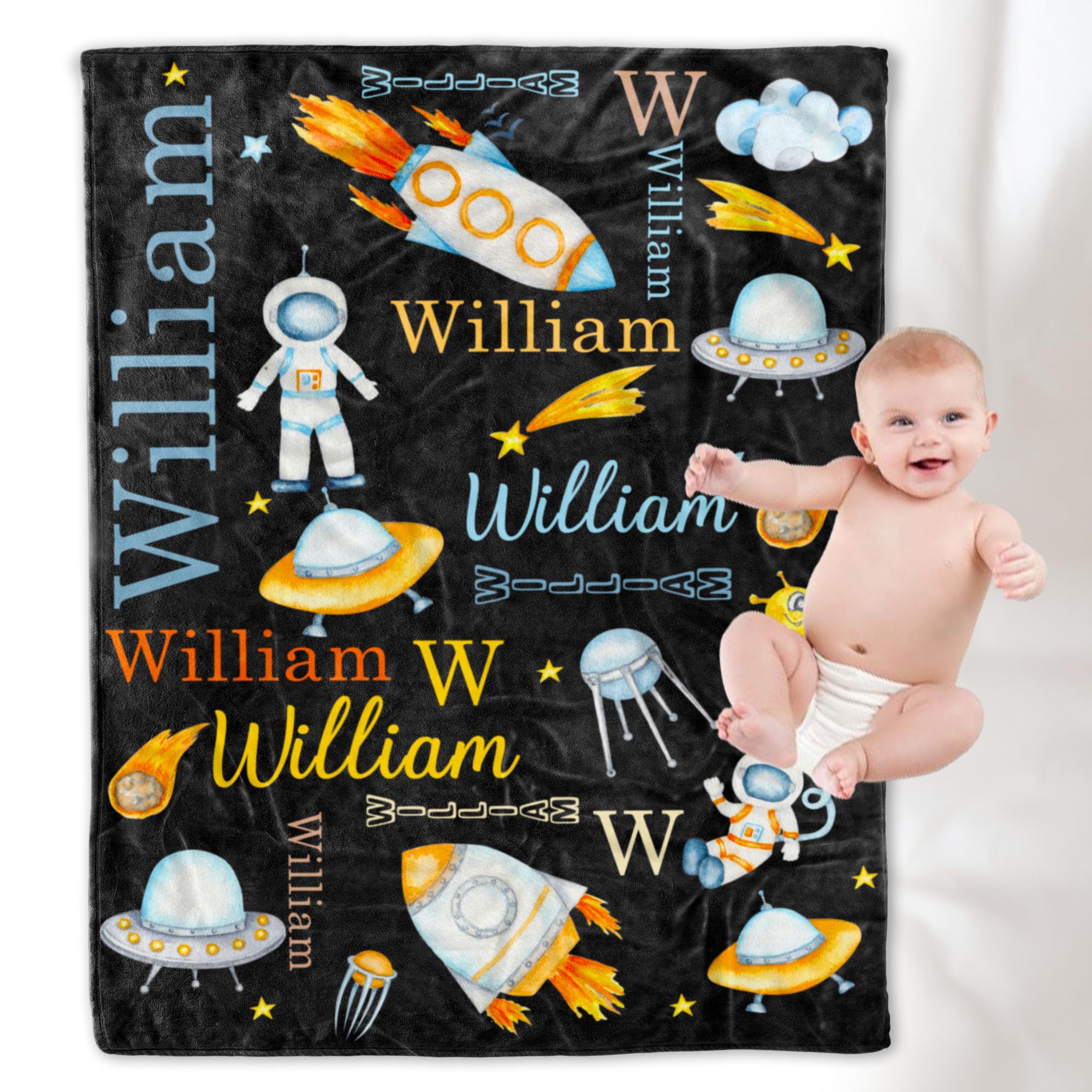 Personalized Astronaut Blanket with Name - Custom Space Universe Rocket ET Throw Blanket for Boys, Girls, Women & Baby - Perfect for Nursery Decor, Birthday Gifts & Cozy Home Use