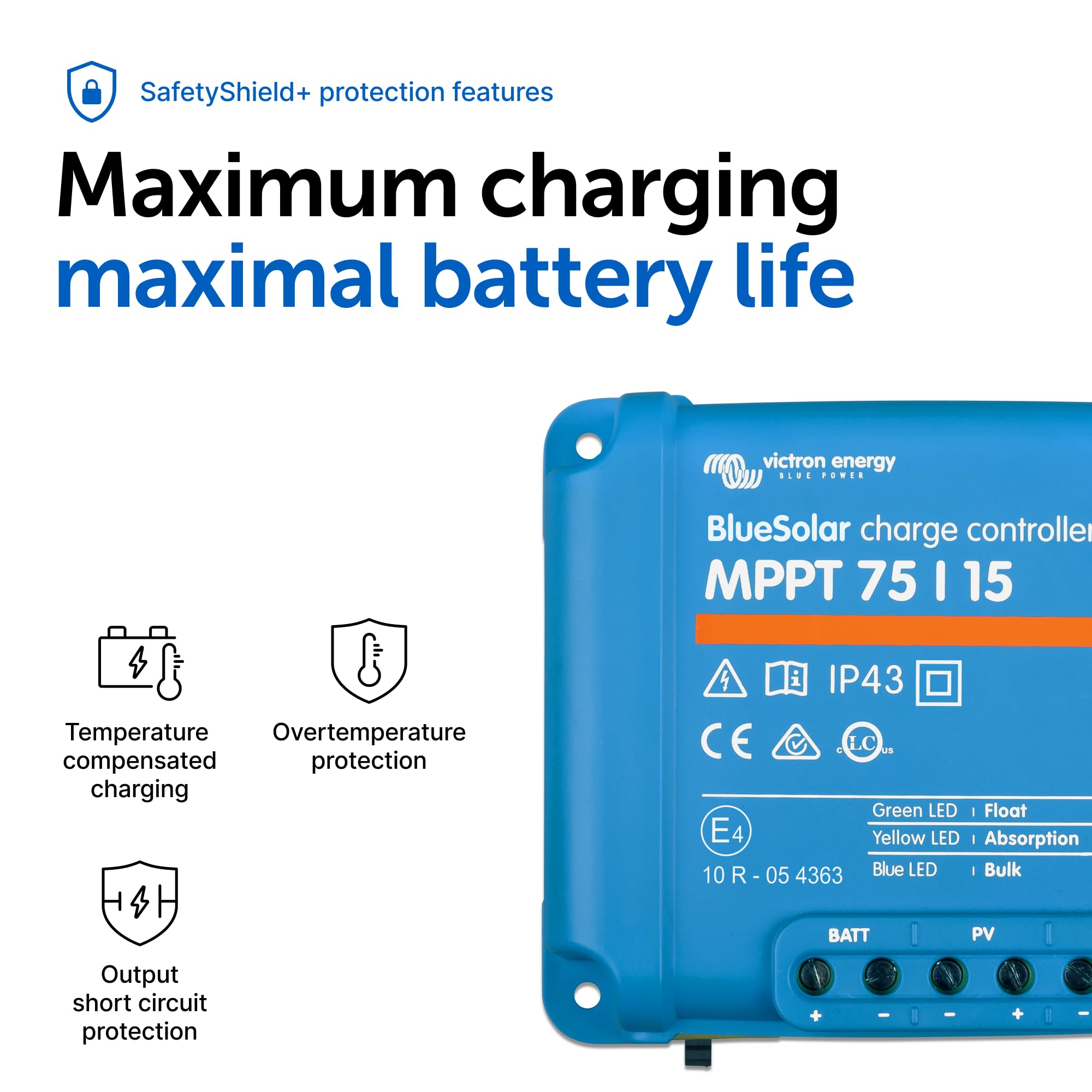 Victron Energy BlueSolar MPPT Solar Charge Controller 75V 15A 12/24V - High Efficiency Solar Panel Battery Charger for RV, Boat, Off-Grid & Home Solar Systems