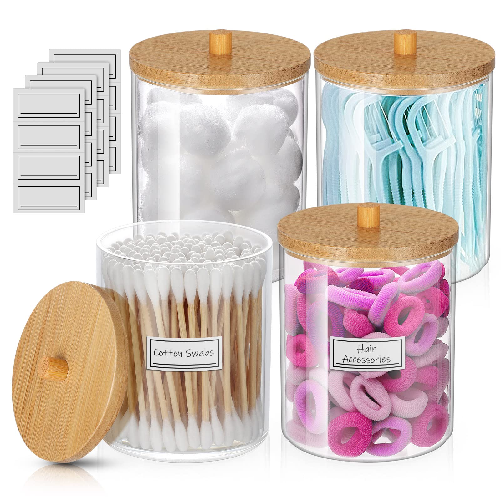 4-Pack Q-Tip Holders with Lids & Labels - Glass Apothecary Jars for Makeup Sponges, Hair Clips & Cotton Swab Storage - Perfect for Bathroom Vanity, Salon Organizer & Travel Beauty Case