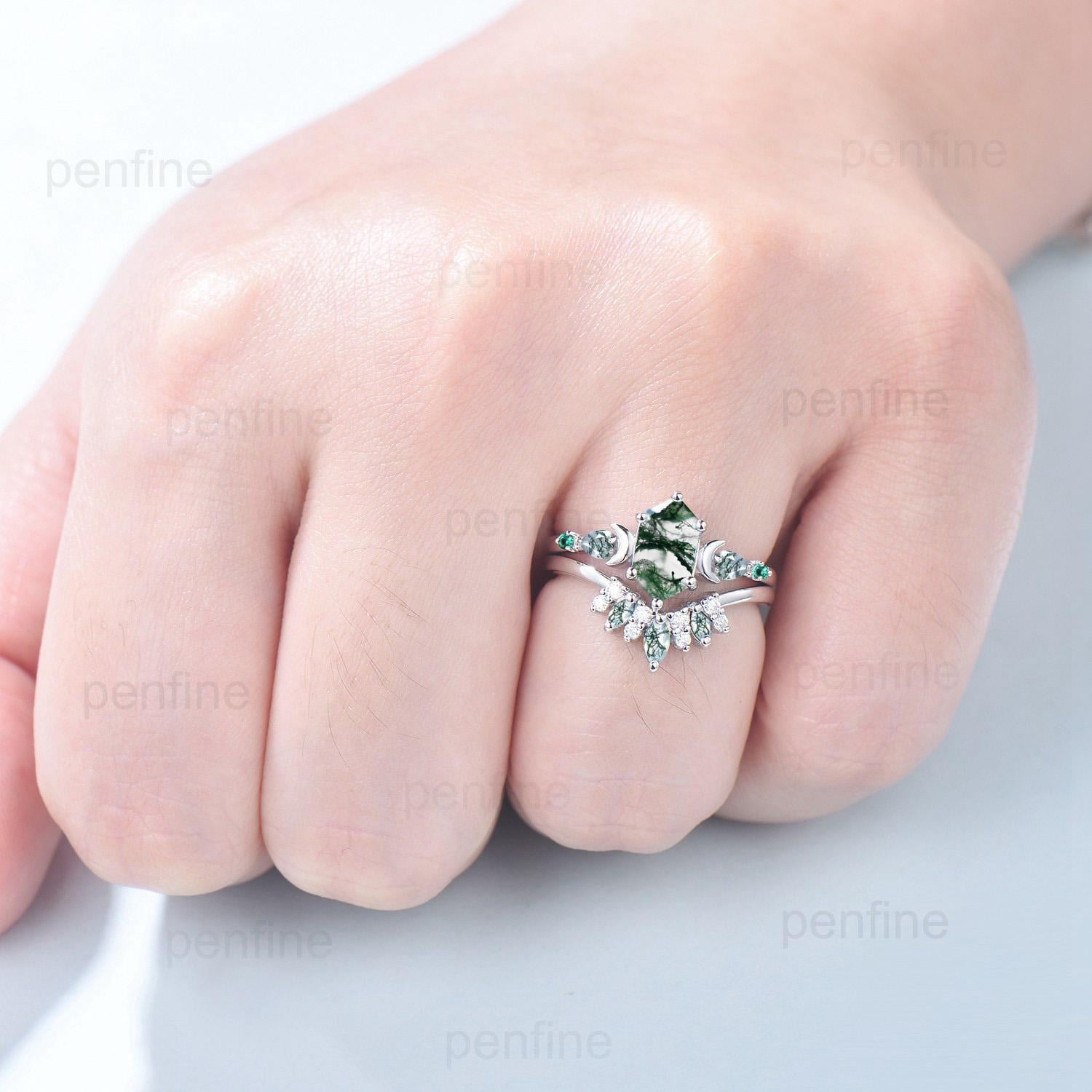 Magic Crescent Moon Moss Gate Ring Set - Unique Long Hexagon Moss Agate Engagement Ring, Art Deco Emerald Wedding Ring Set, Vintage Bridal Jewelry for Boho Weddings & Nature-Inspired Proposals