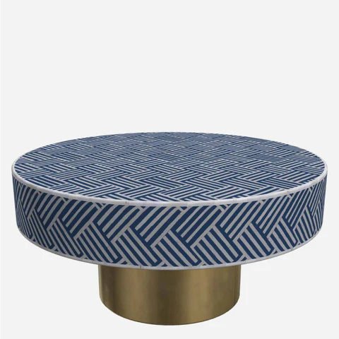Handmade Bone Inlay Round Blue Coffee Table - Boho Chic Living Room Furniture for Home Decor, Perfect for Lounge, Living Area & Office Spaces