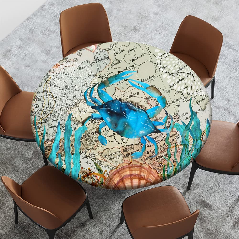Vintage Watercolor Sea Animals Crab Pattern Round Fitted Tablecloth with Elastic Edge - Fits 69