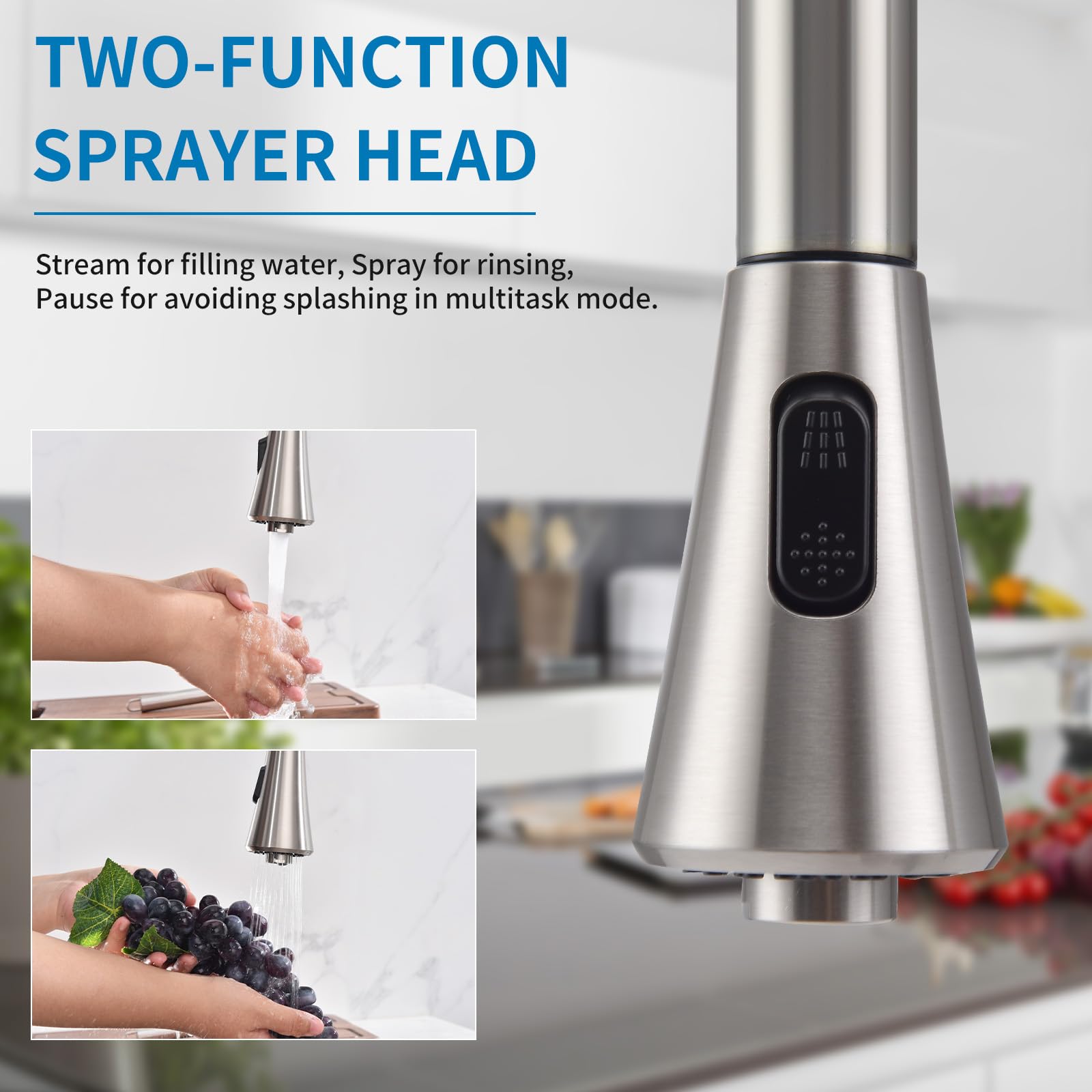 HOMELODY Brushed Nickel 2-Handle Centerset Kitchen Faucet with Pull Down Sprayer - 8 Inch 360° Rotating Spout for 3-Hole Sink (Includes Water Lines) - Perfect for Modern Kitchens, Renovations & Small Spaces