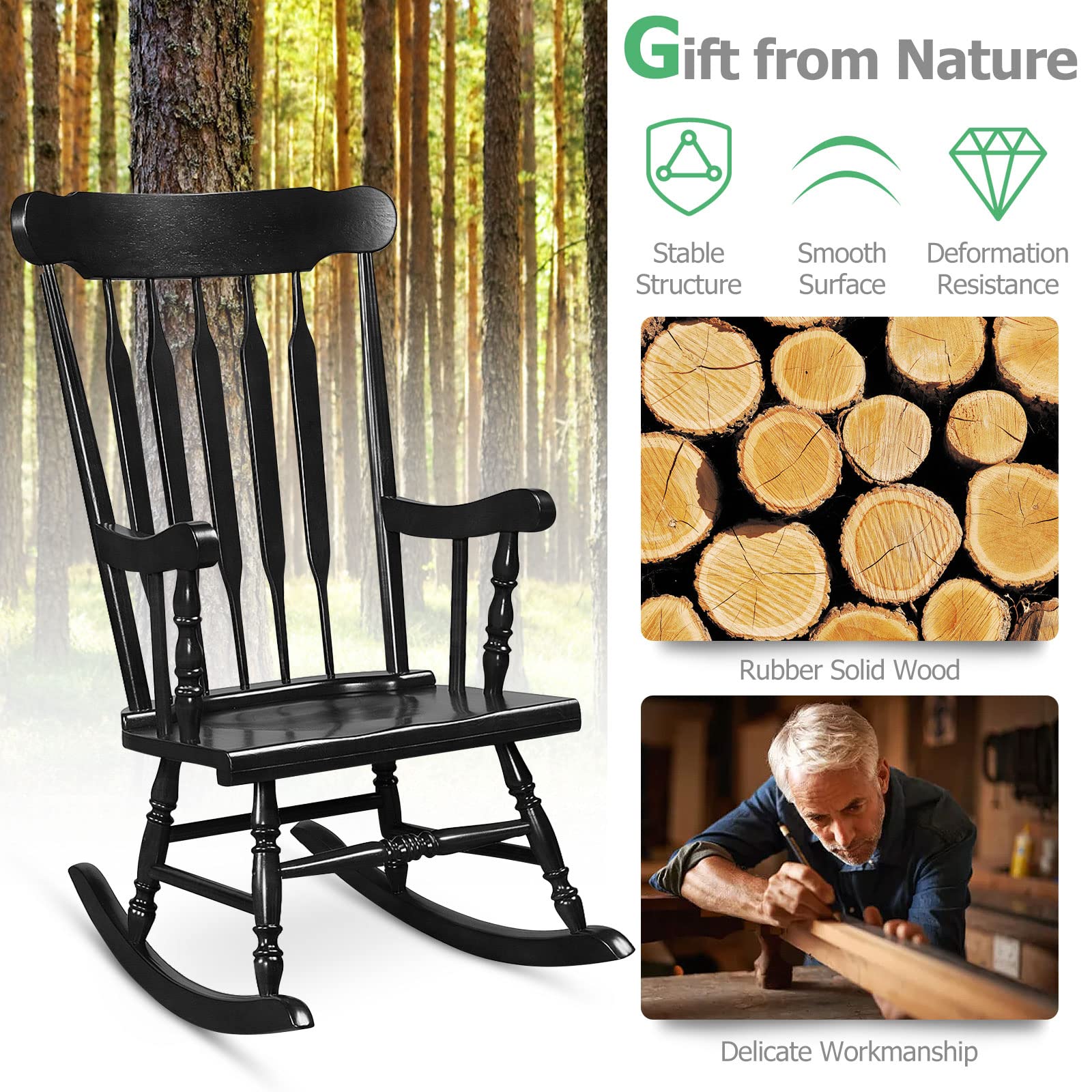 Tangkula Solid Rubber Wood Patio Rocking Chair - Outdoor Porch Rocker with Durable Wood Frame - Indoor/Outdoor Wooden Rocking Chair for Garden, Backyard, Balcony & Living Room (Black) - Perfect for Relaxing, Reading & Enjoying Nature