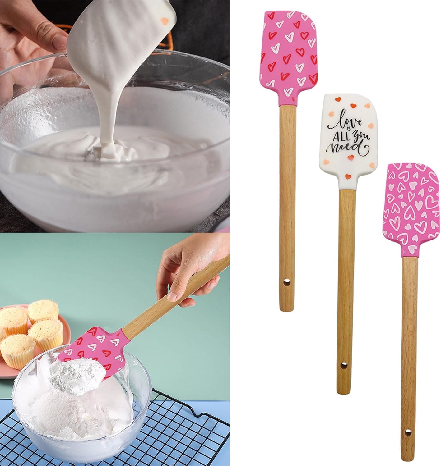 Premium Heart-Shaped Silicone Spatula Set - Wooden Handle Baking Spatula for Cake Cream, Butter, Chocolate & Pastry - Non-Stick Kitchen Scraper & Mixer - Ideal for Baking, Cooking & Decorating (White) - Perfect for Home Bakers & Professional Chefs
