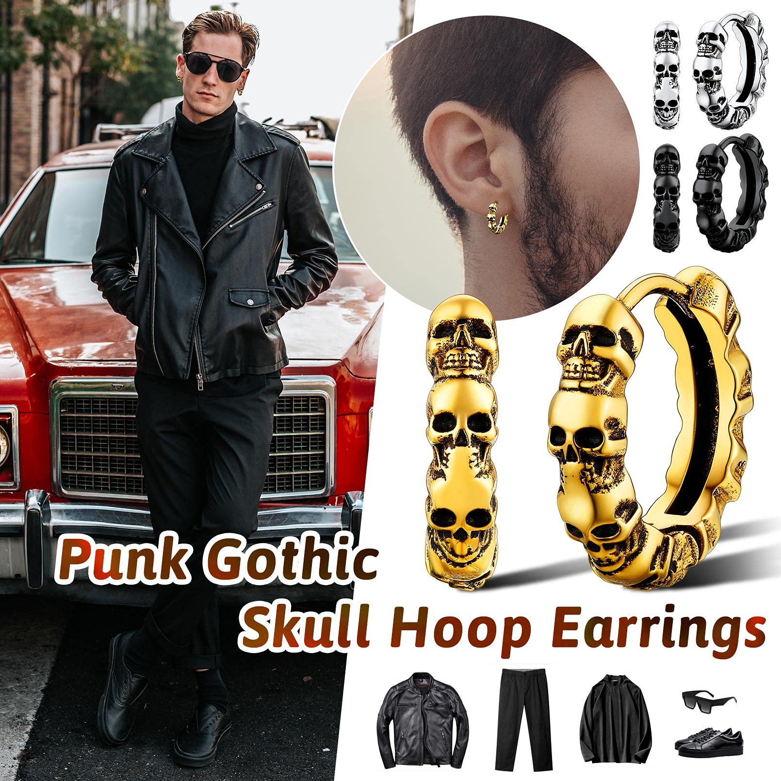 FaithHeart Skull Hoop Earrings for Men - Silver/Black/Gold Stainless Steel Huggie Earrings - Lightweight Hypoallergenic Jewelry for Sensitive Ears - Perfect for Punk, Gothic & Everyday Wear