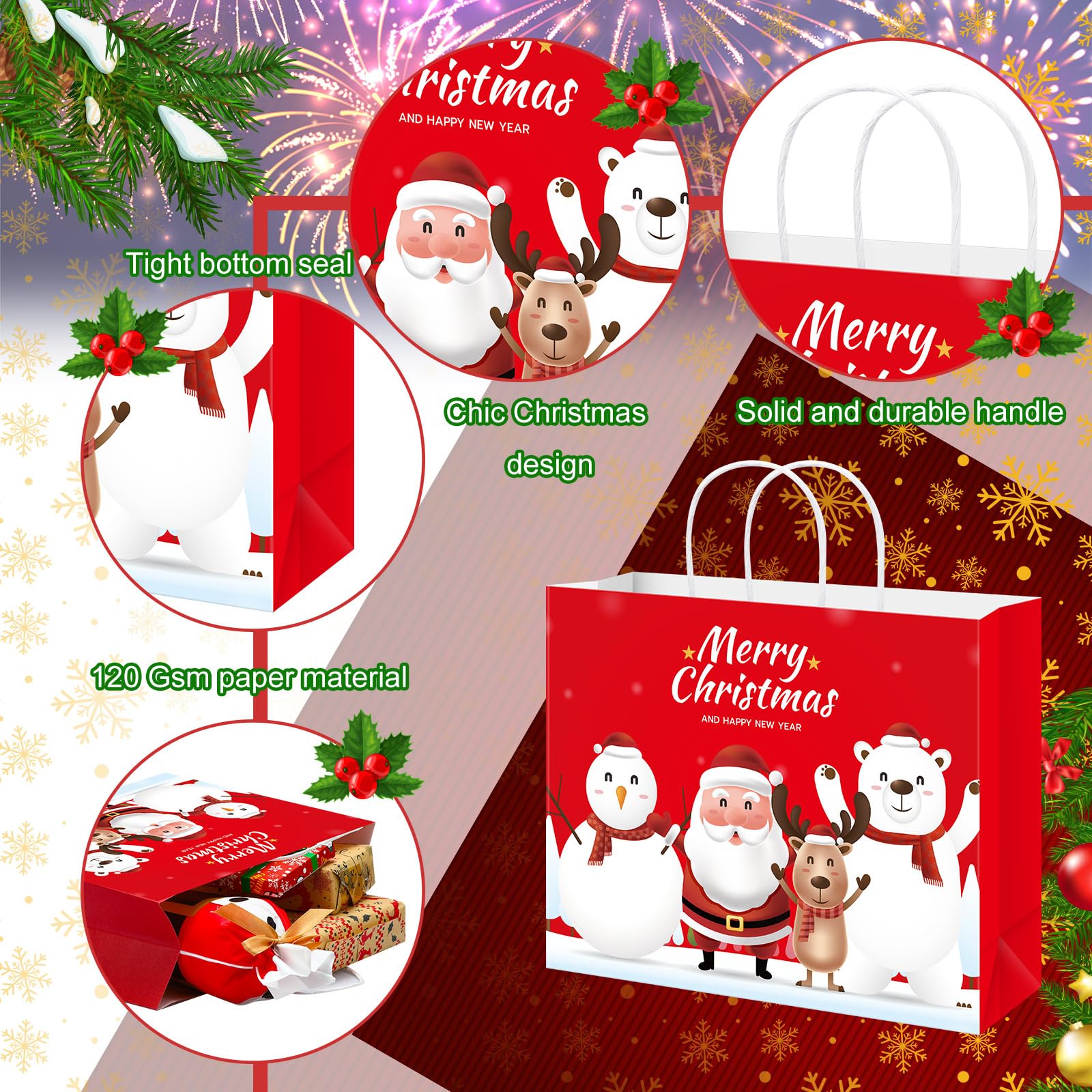 60 Pcs Large Christmas Gift Bags Bulk with Handles - 12.6 x 10.6 x 4.3 Inch Holiday Party Favor Bags for Presents, Treats & Decorations - Perfect for Christmas Parties, Gift Wrapping & Holiday Events