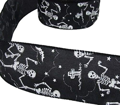 SKEMIX 5 Yds Halloween Skeleton Dance Graveyard Spooky Black Wired Ribbon 2.5 Inch Wide - DIY Decor, Costume Accessories, Party Supplies for Gift Wrapping, Crafts & Home Decoration