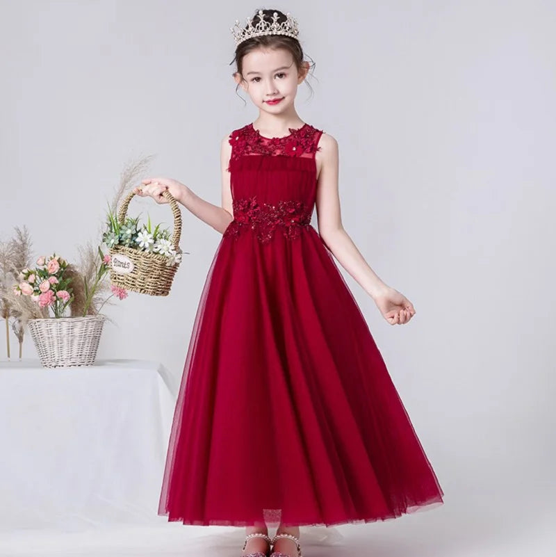 Elegant Red Tulle Flower Girl Dress with Floral Appliques - Perfect for Weddings, Parties & First Communion Ceremonies