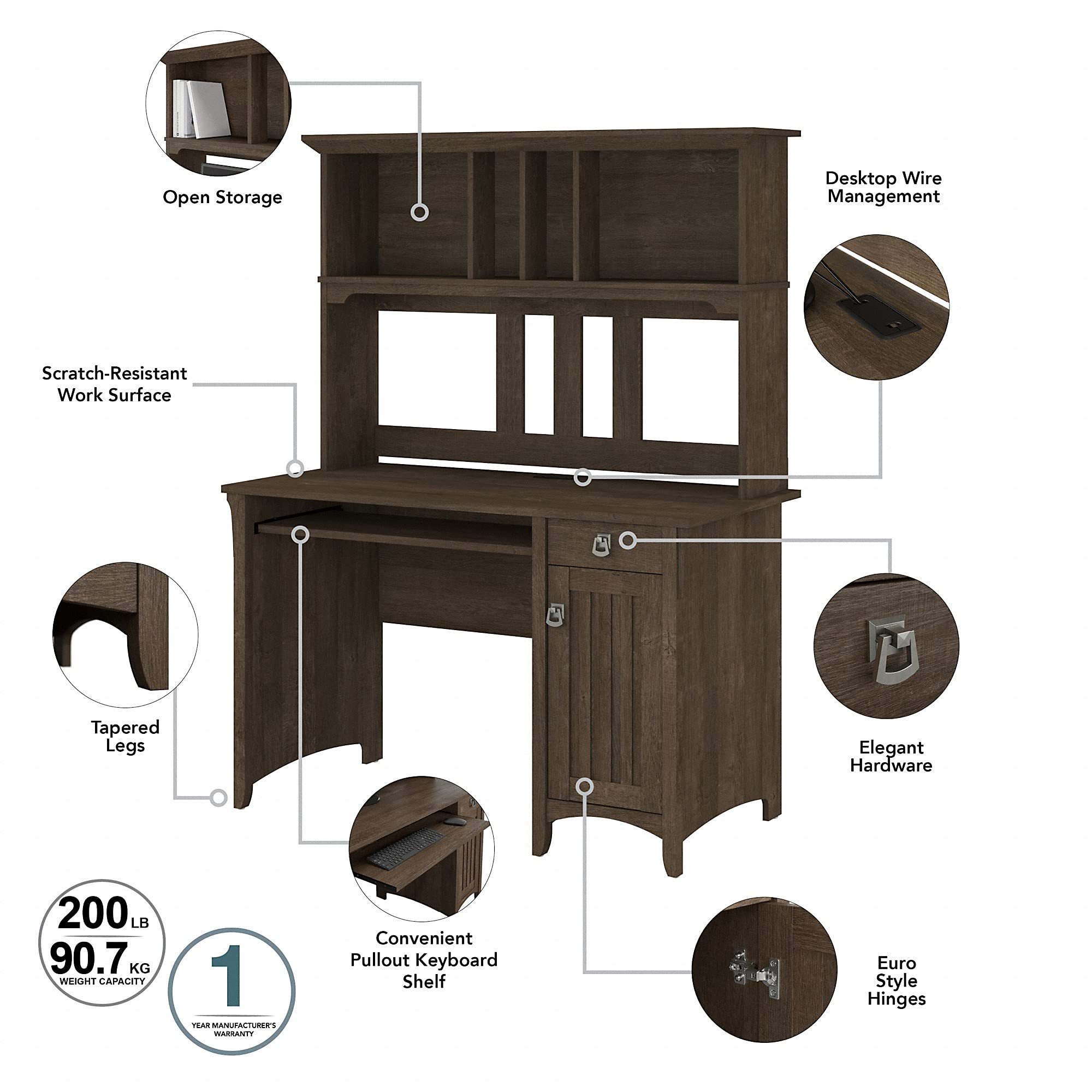 Bush Furniture Salinas Computer Desk with Hutch - Modern Home Office Desk with Drawers, Storage Cabinets & Pull-Out Keyboard Tray in Ash Brown | Study Table for Small Spaces, Work from Home Setup, Gaming Station & Remote Work Office Furniture