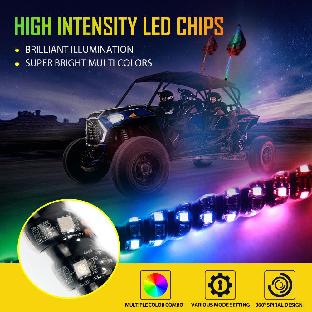 3FT/4FT LED RGB Whip Lights with Bluetooth & Remote Control - Universal Flagpole Light Mount for UTVs (Fits 1.75