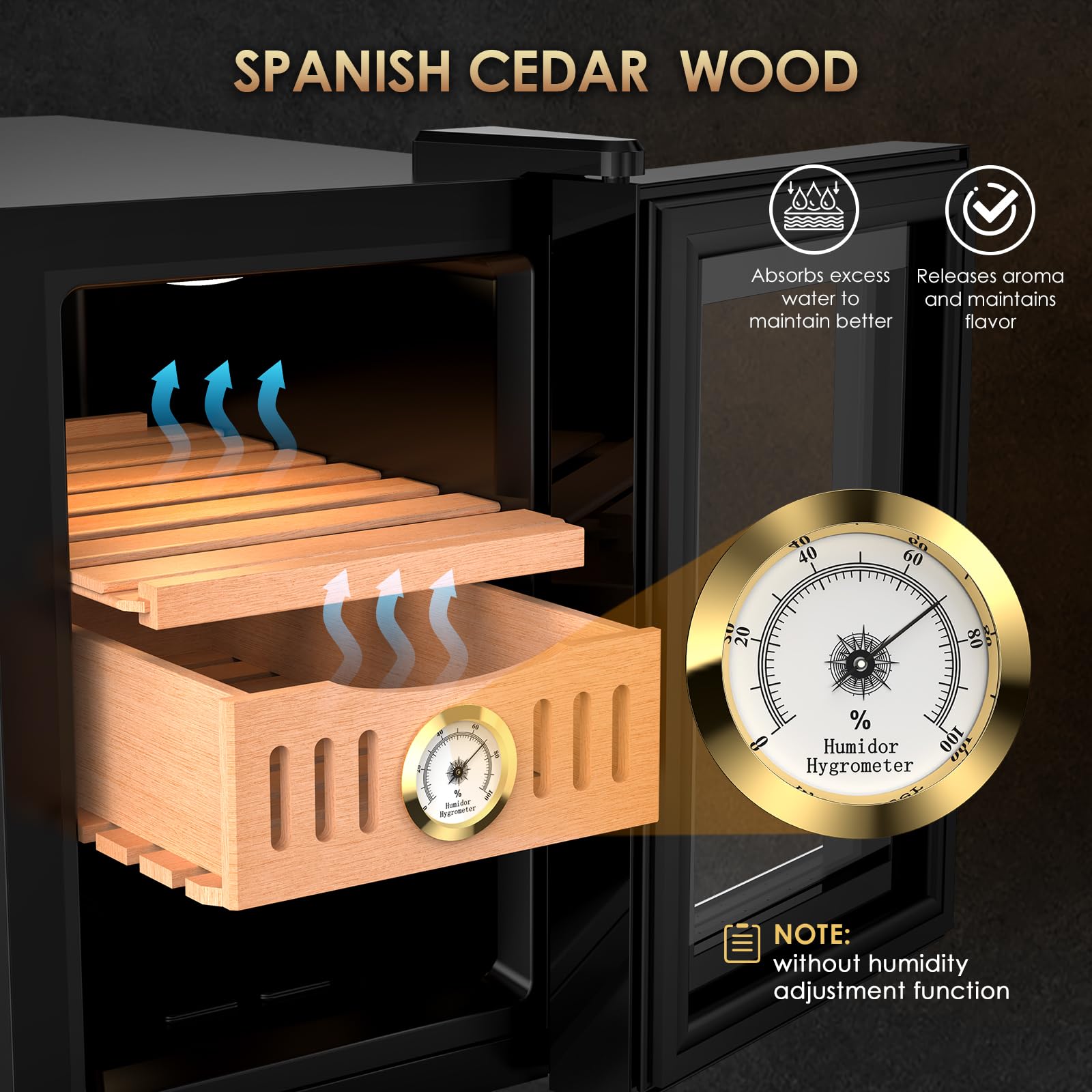 Premium Electric Storage Cabinet with Spanish Cedar Drawers & Trays - Digital LED Humidity & Temperature Monitor - Ideal for Cigars, Wine, and Collectibles (100 Counts) - Perfect Gift for Men & Home Storage Solution