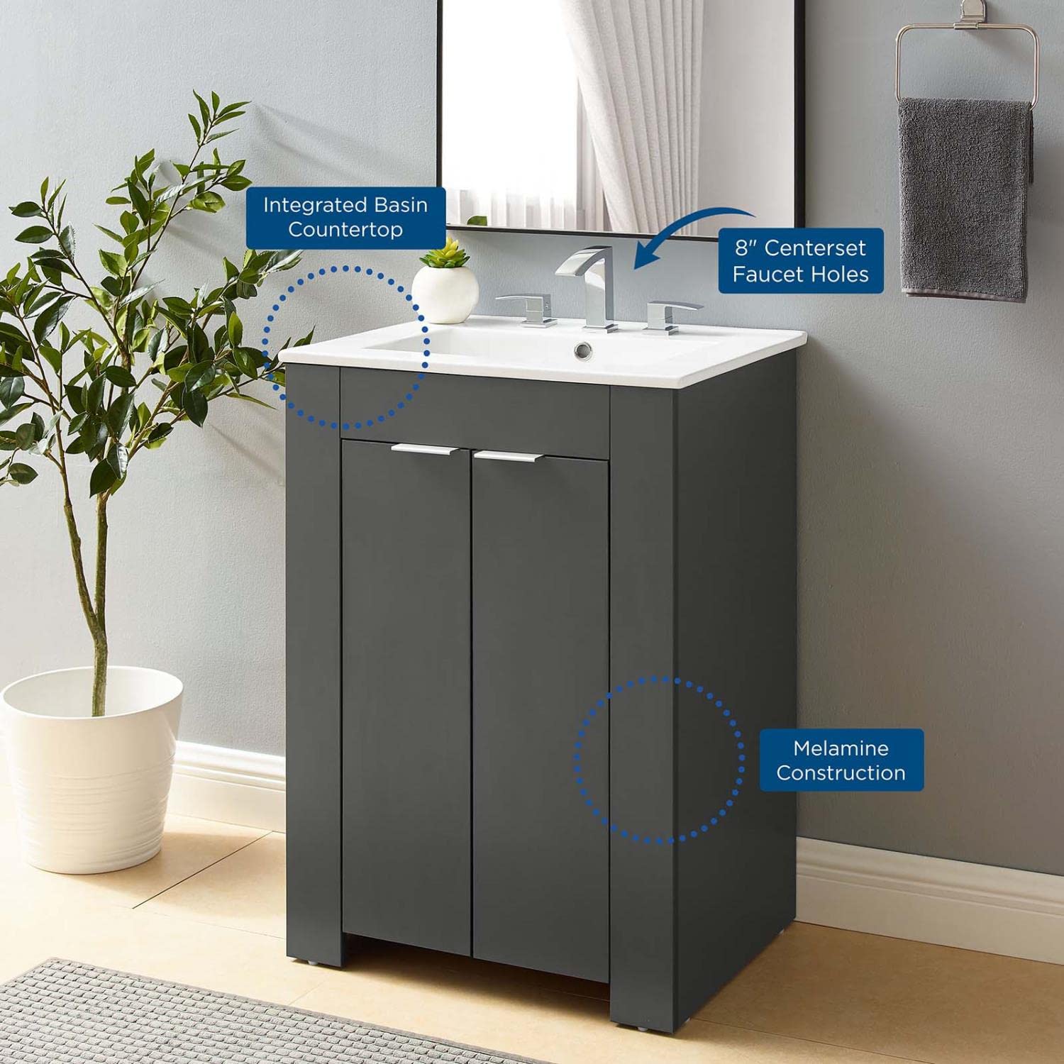 Modway Maybelle 24 Inch Gray White Bathroom Vanity with Sink - Modern Bathroom Furniture for Small Spaces, Powder Rooms & Guest Baths