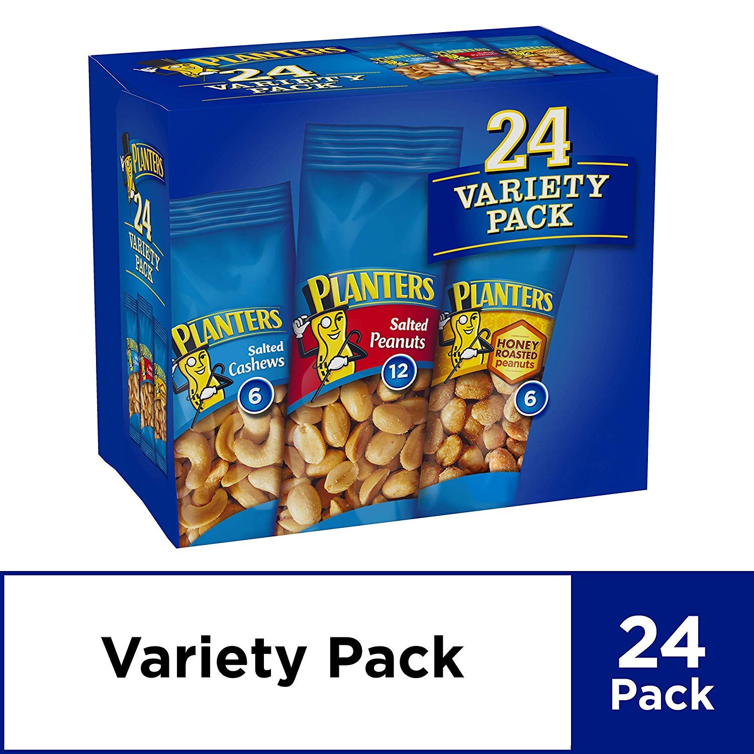 PLANTERS Variety Pack (Salted Cashews, Salted Peanuts & Honey Roasted Peanuts) - 24 Individual Snack Packs | Healthy On-the-Go Nuts | Perfect for Office, Travel, School Lunch & Hiking Snacks