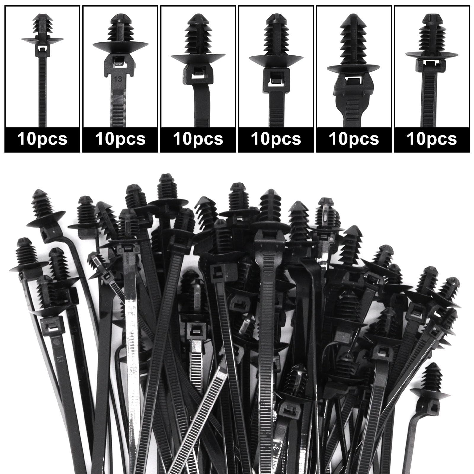 60 PCS Black Nylon Push Mount Zip Ties - 6 Types Snap-in Cable Ties for Automotive Wire Harness, Electrical Wiring & DIY Projects - Secure Wire Tying for Cars, Home Organization & Office Use