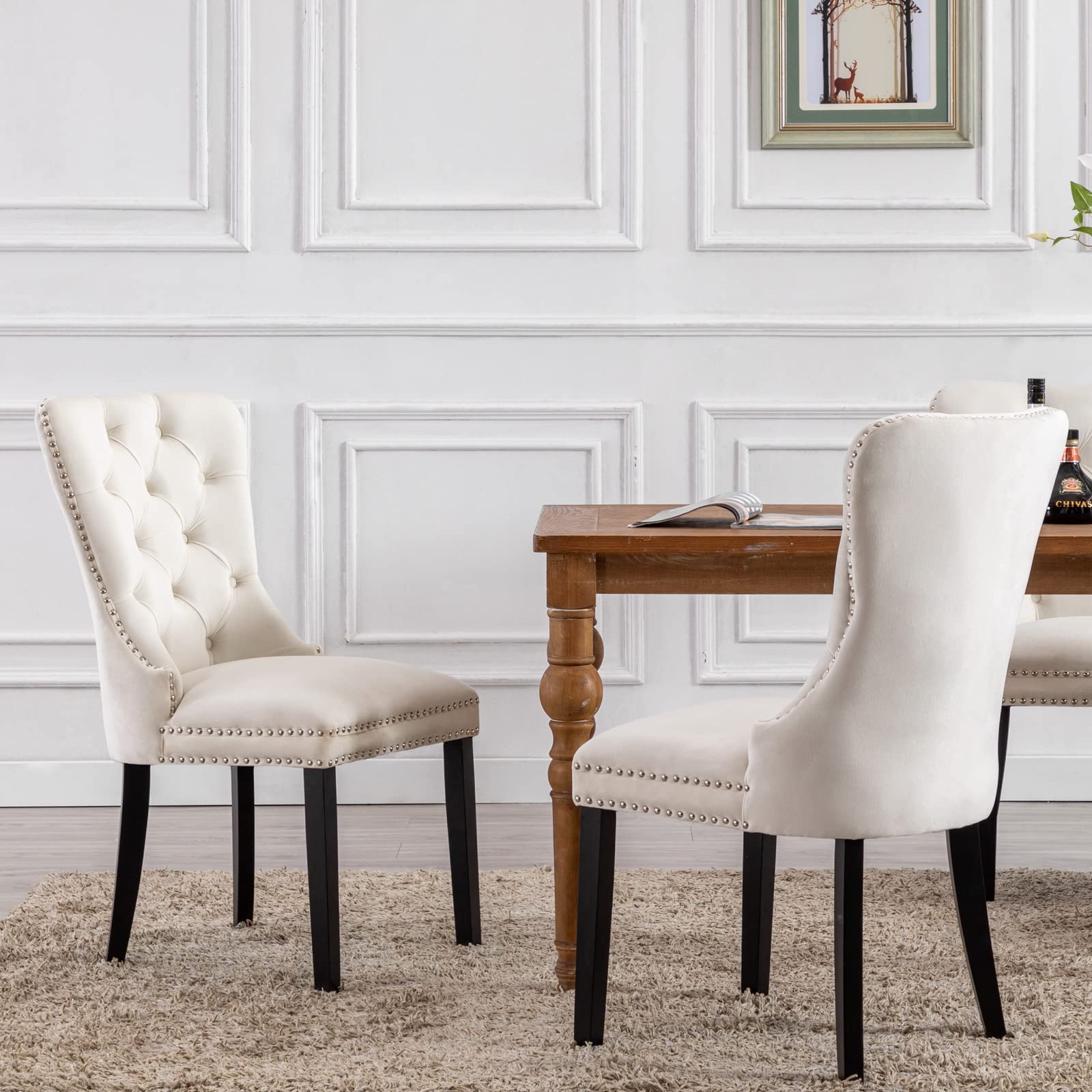 Luxury CIMOTA Velvet Dining Chairs Set of 2 - Modern Tufted Upholstered Side Chairs with Nailhead Trim & Solid Wood Frame for Kitchen, Dining Room, Bedroom - Ivory White | Perfect for Small Spaces, Breakfast Nooks & Apartment Dining