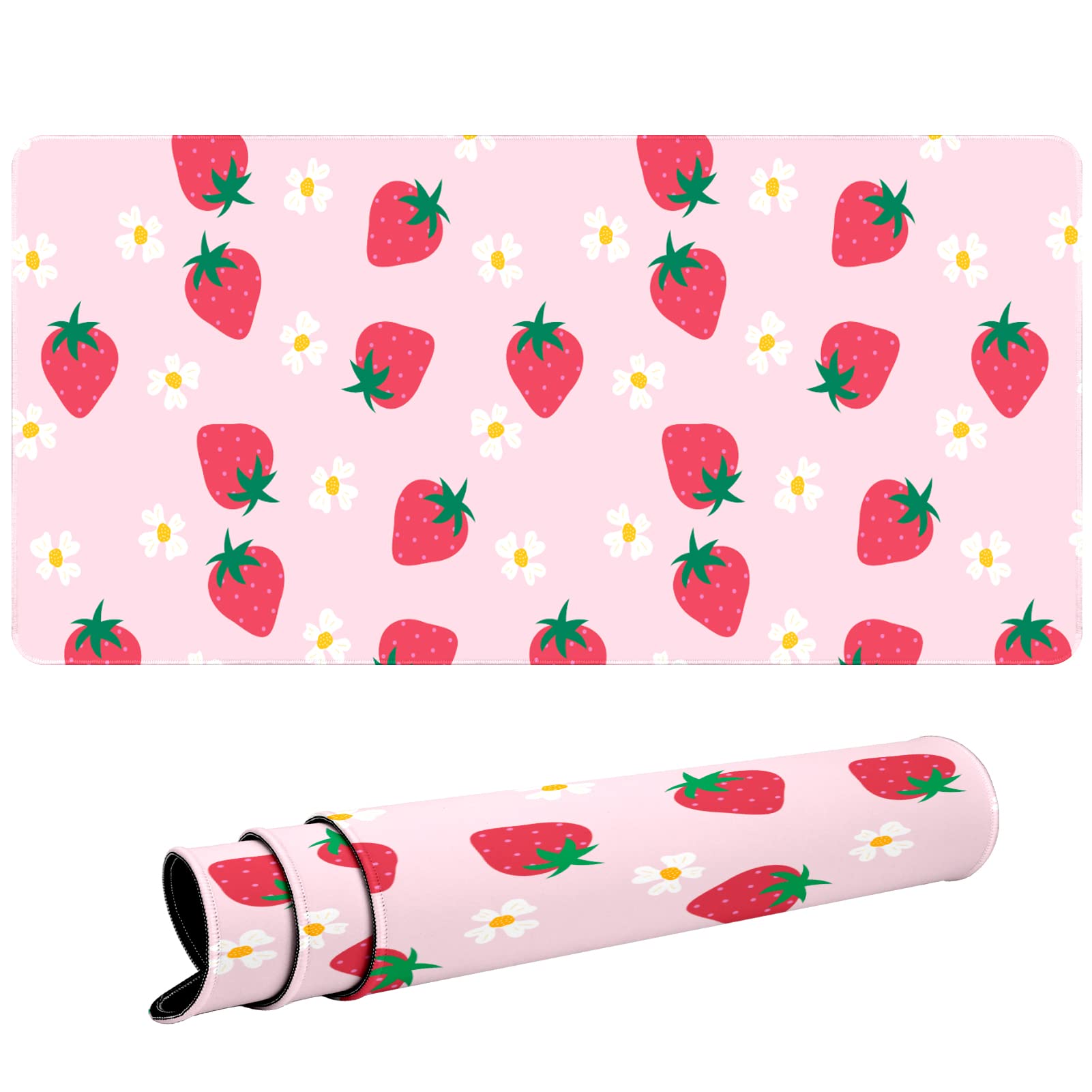 Seorsok XXL Extended Gaming Mouse Pad - 31.5x15.7 Inch Large Desk Mat with Non-Slip Rubber Base & Stitched Edges - Pink Strawberry Design for Girls - Perfect for Gaming, Office Work & Computer Use