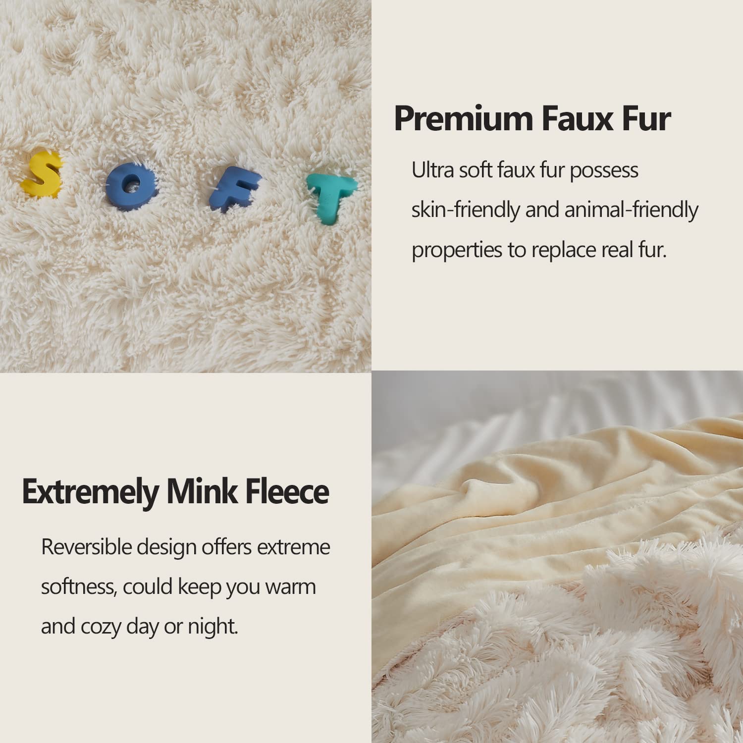 GONAAP Super Soft Faux Fur Throw Blanket - Ivory Plush Shaggy Blanket for Couch, Sofa & Bed (40