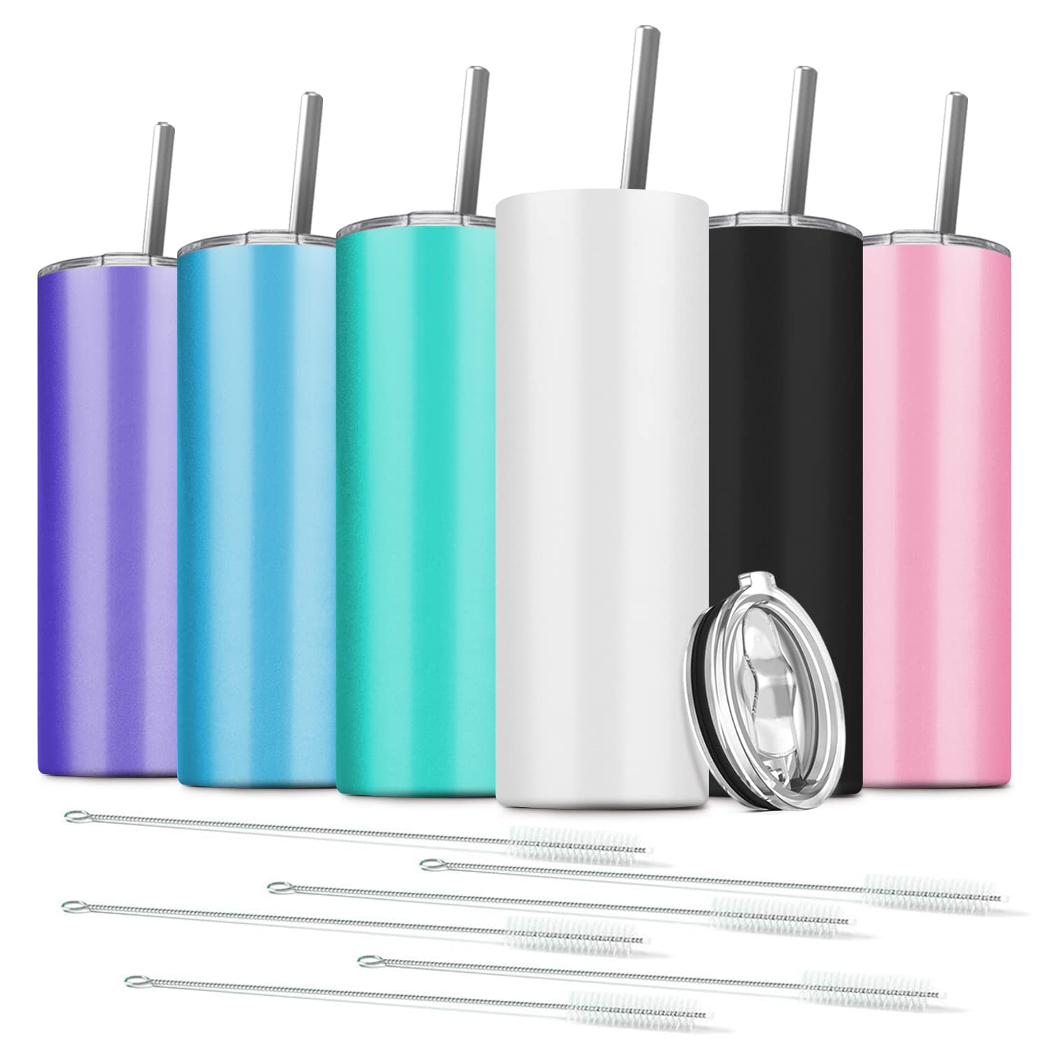 Deitybless 20oz Stainless Steel Skinny Tumblers - 6 Pack Double Wall Vacuum Insulated Slim Travel Mugs with Metal Straws (Assorted Colors) - Perfect for Coffee, Tea, Iced Drinks & Vinyl Crafting Projects
