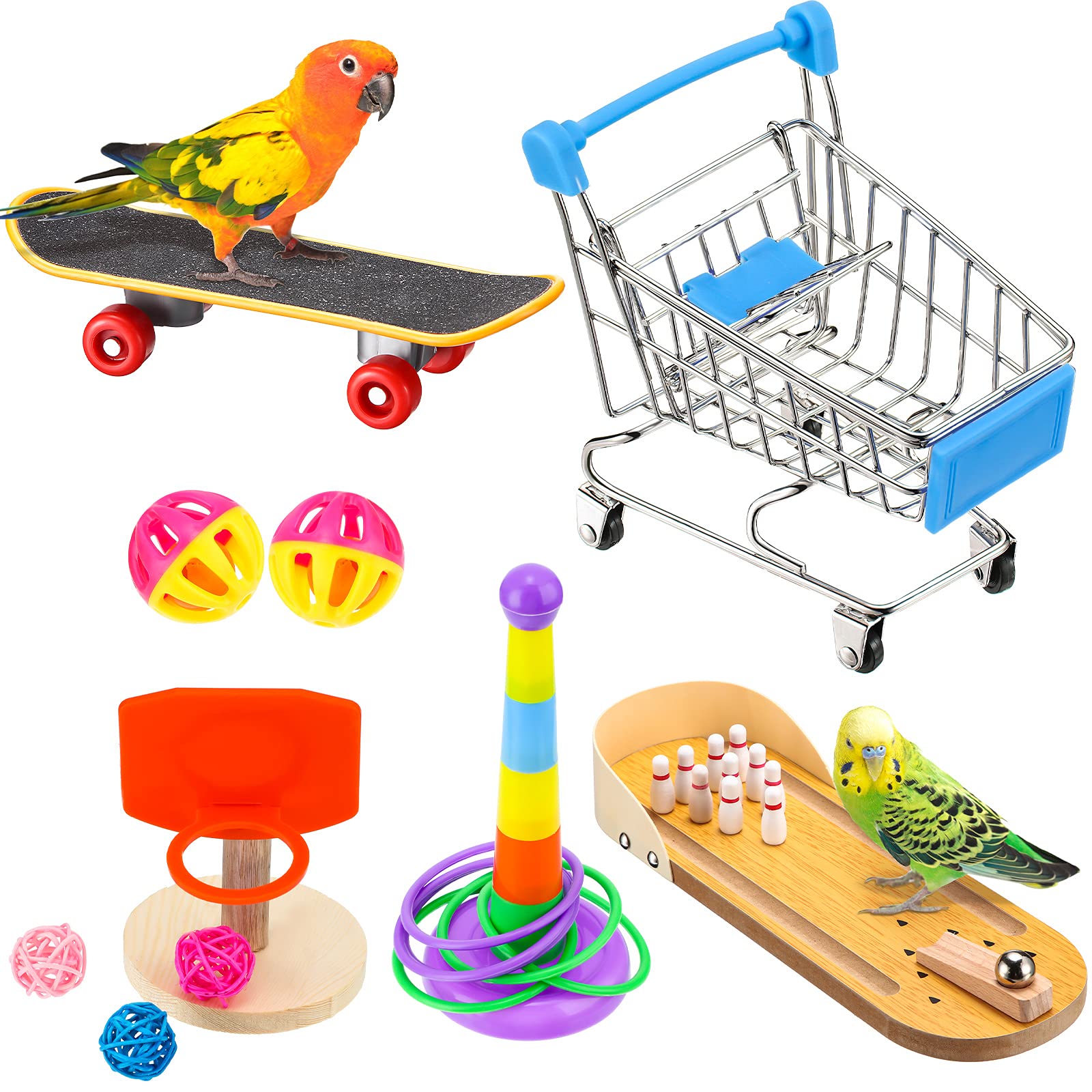 10 Pieces Bird Training Toys Set for Parrots - Includes Bowling, Basketball, Rings, Shopping Cart, Skateboard, Bell & Ball - Interactive Intelligence Toys for Parakeets, Cockatiels & Macaws (Random Colors) - Perfect for Mental Stimulation & Playtime Enrichment