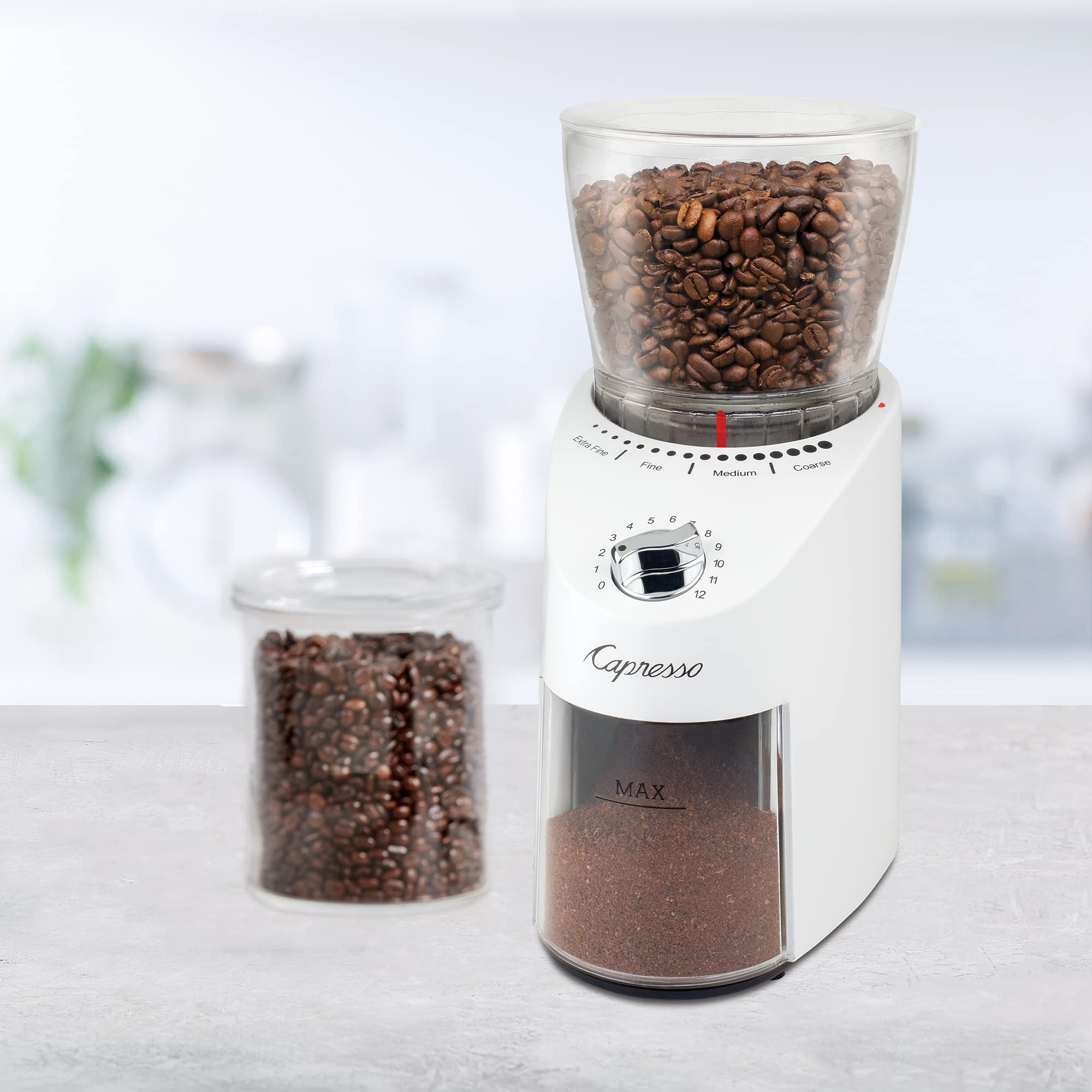 Capresso Infinity Plus Conical Burr Coffee Grinder - Premium Stainless Steel Burrs, Adjustable Grind Settings, White - Perfect for Espresso, French Press & Pour Over Coffee Brewing